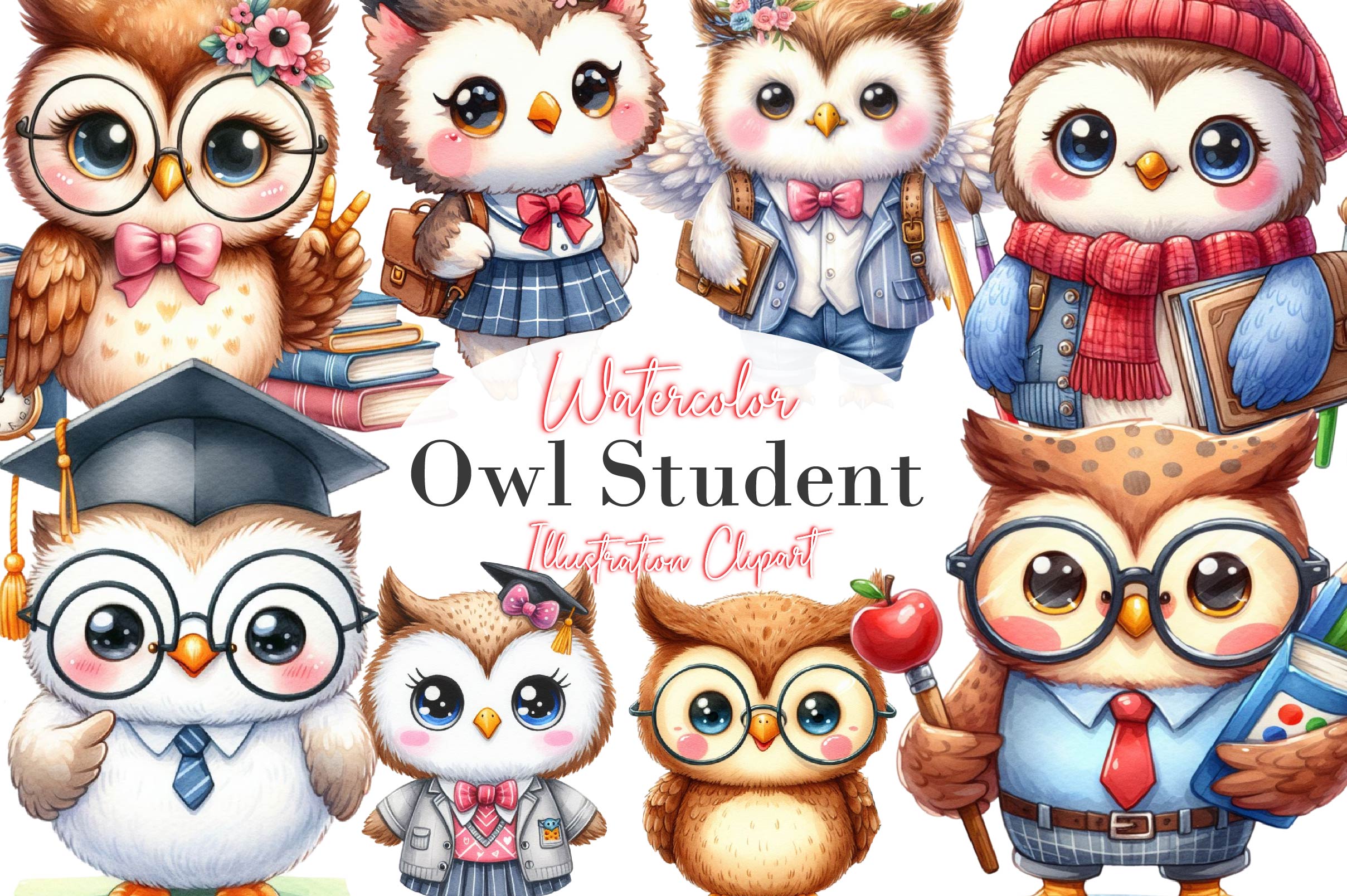 Cute Owl Student Cartoon Clipart Bundle