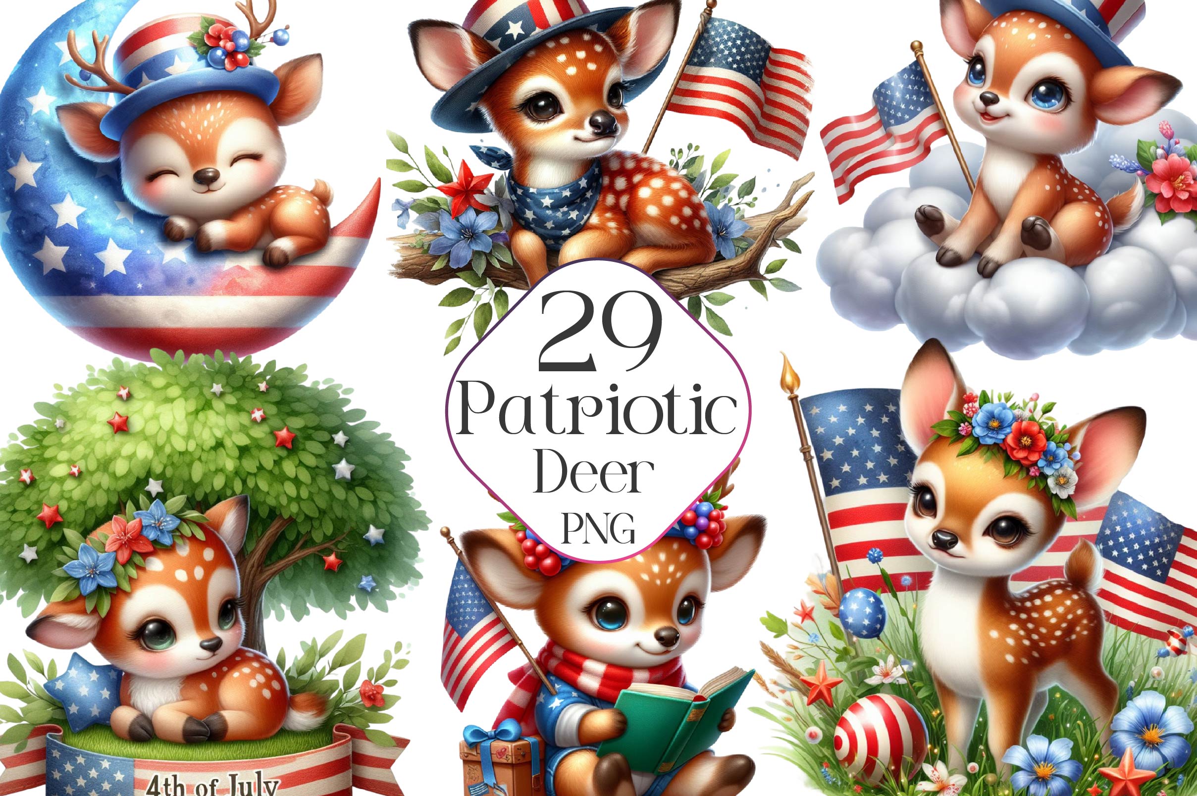 Patriotic Cute Deer Clipart Bundle