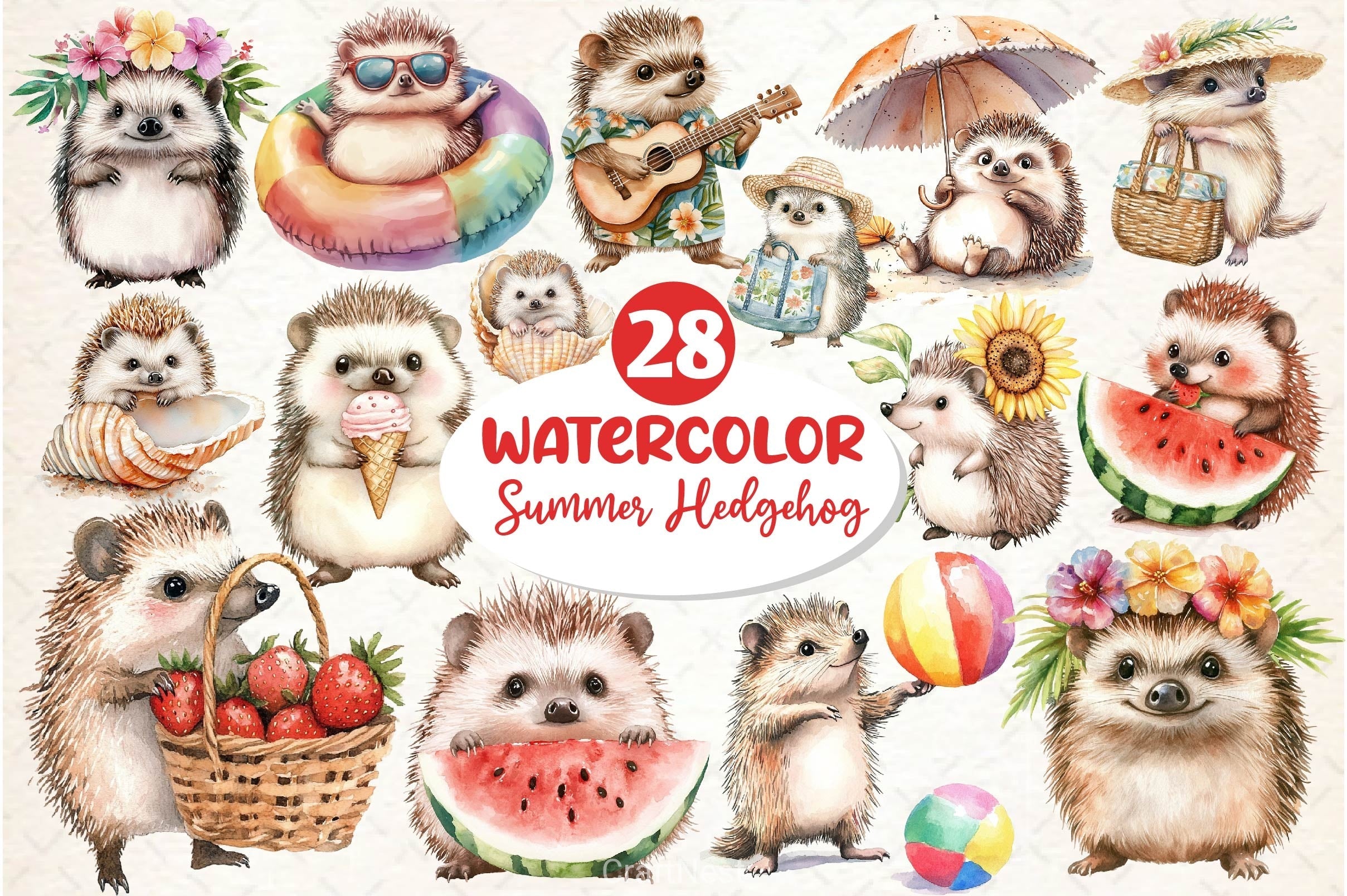 Summer Hedgehog Clipart Bundle 2