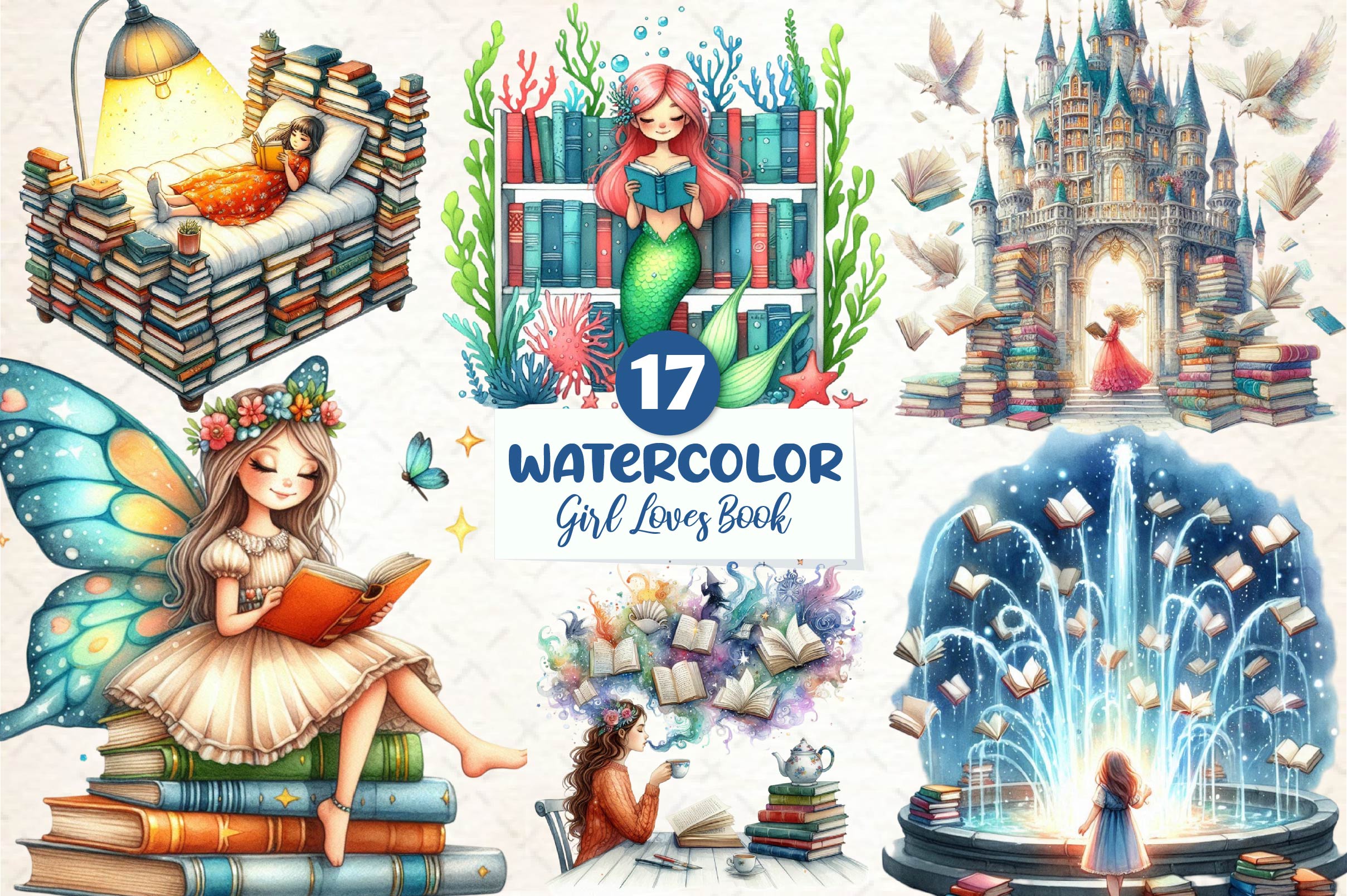 Whimsical Girl Loves Book Clipart Bundle