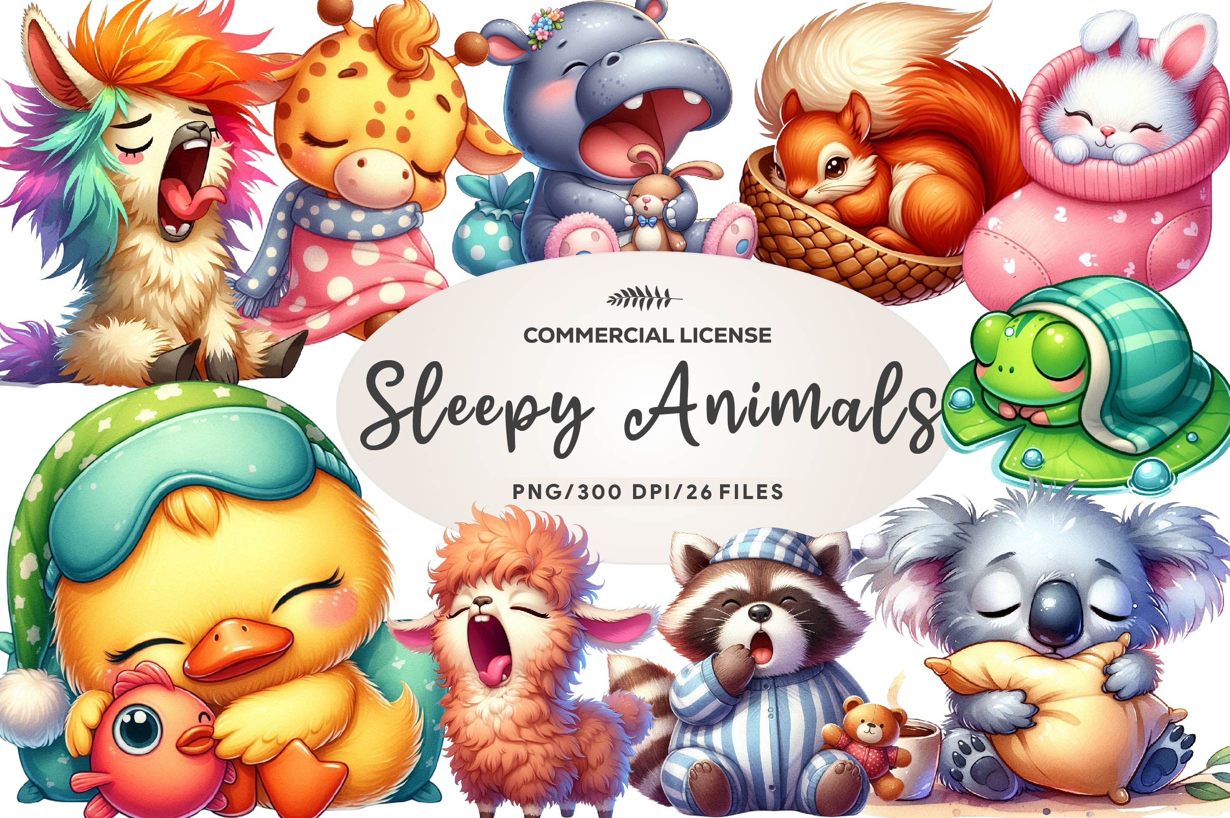 Funny Cartoon Sleepy Quirky Animals Clipart Bundle 1