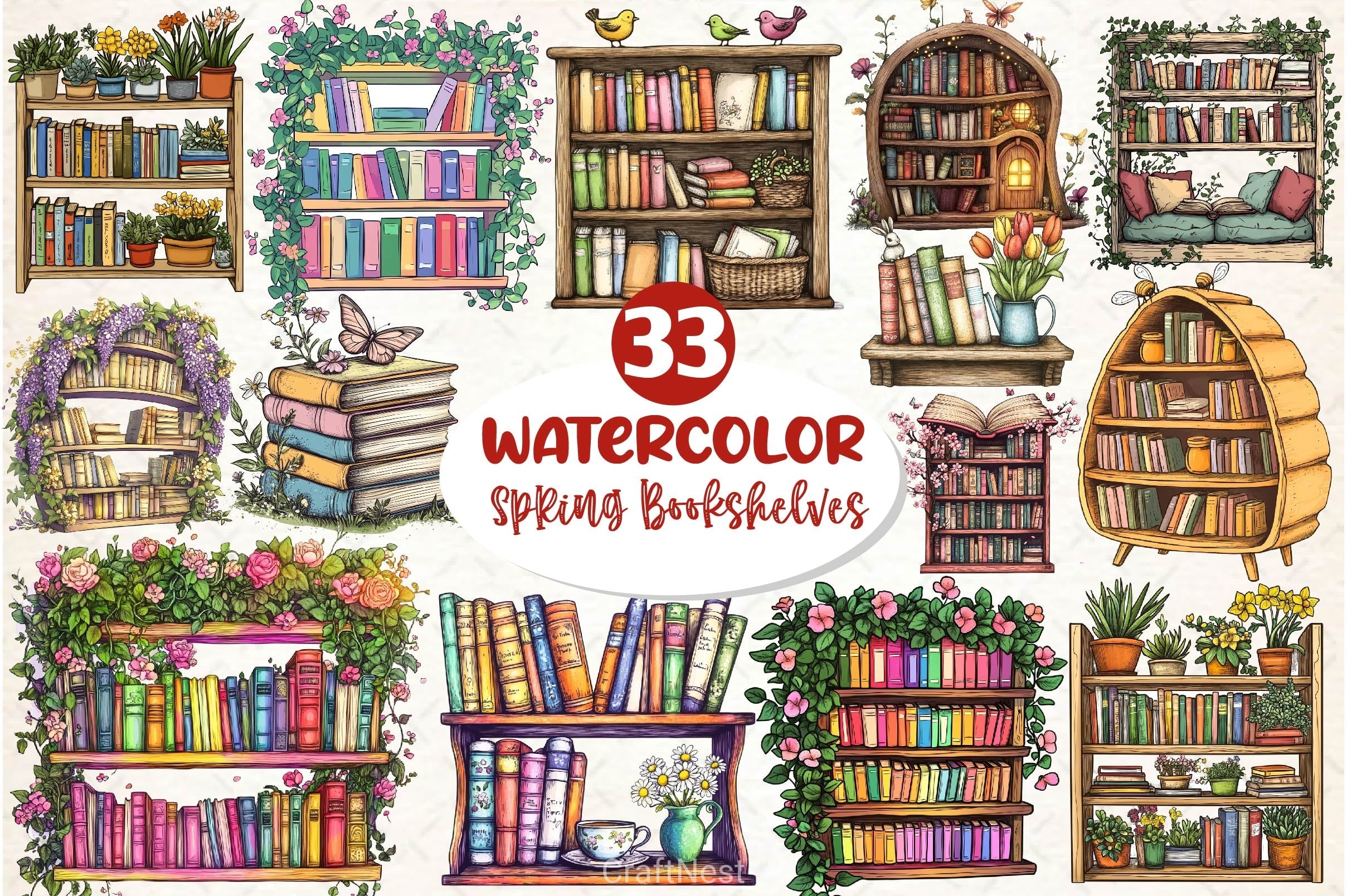Spring Bookshelves Clipart Bundle