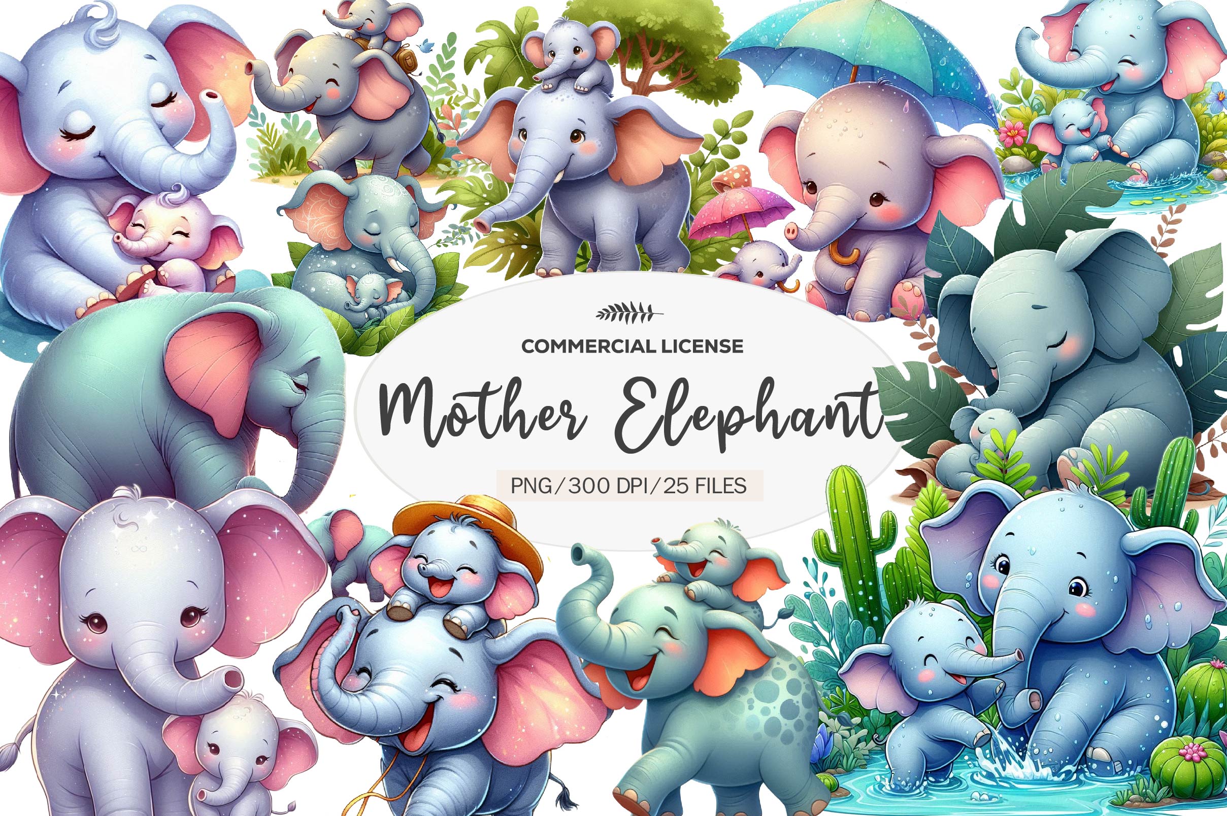 Mother And Baby Elephant Clipart Bundle
