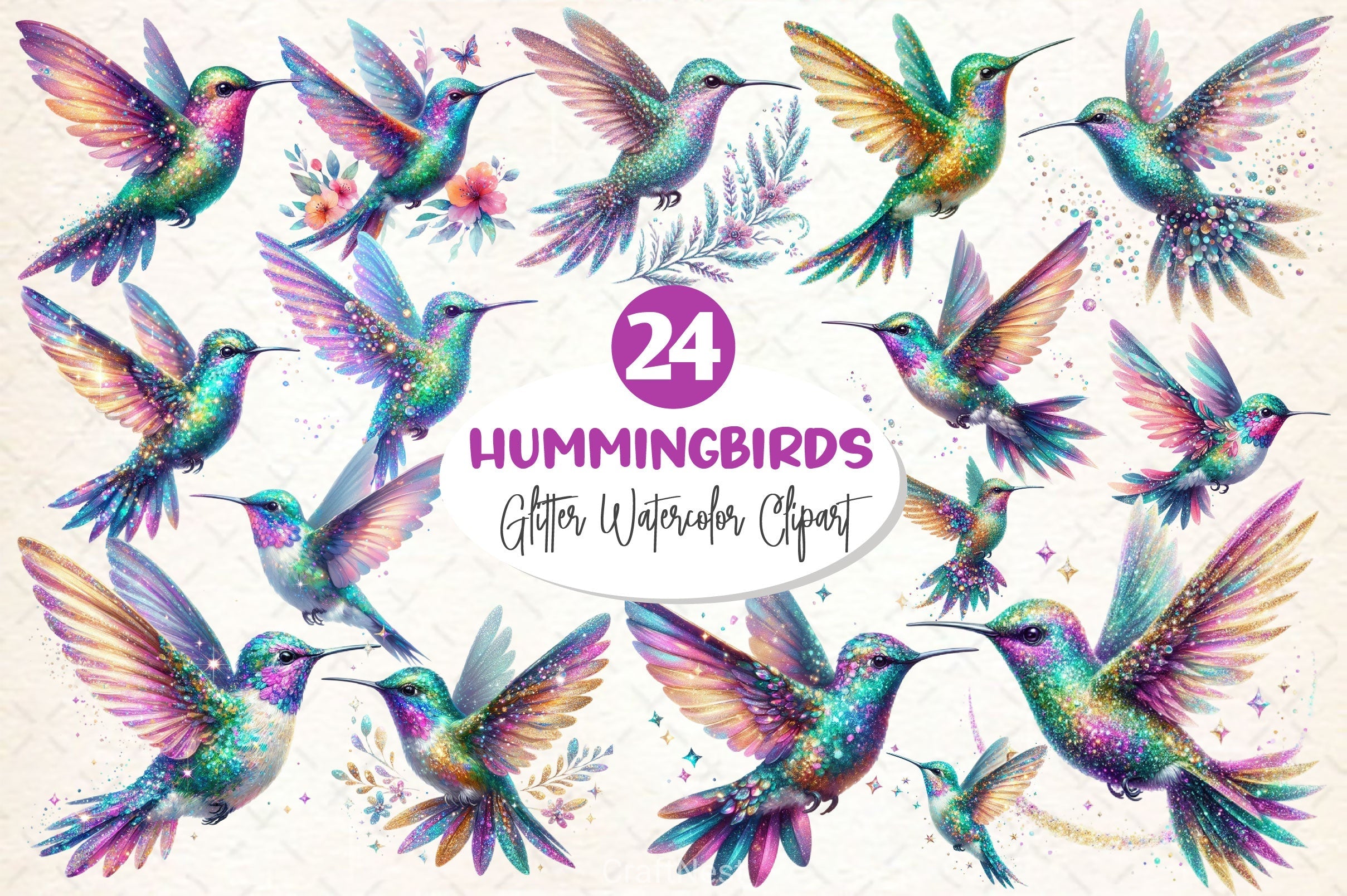 Glitter Hummingbirds Clipart Bundle