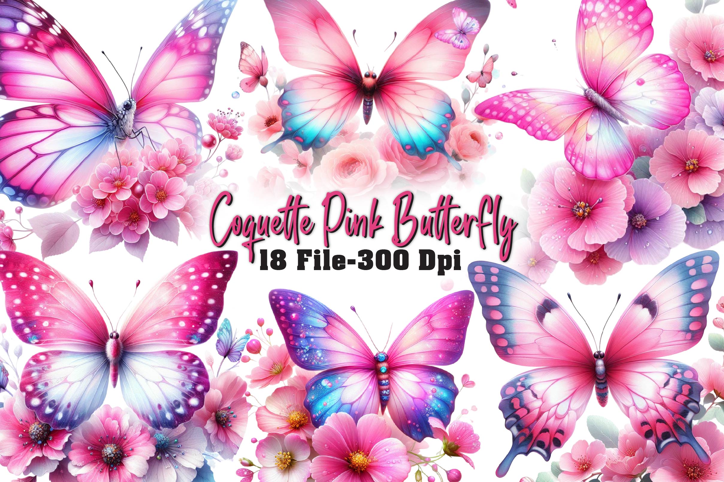 Coquette Pink Butterfly Clipart Bundle