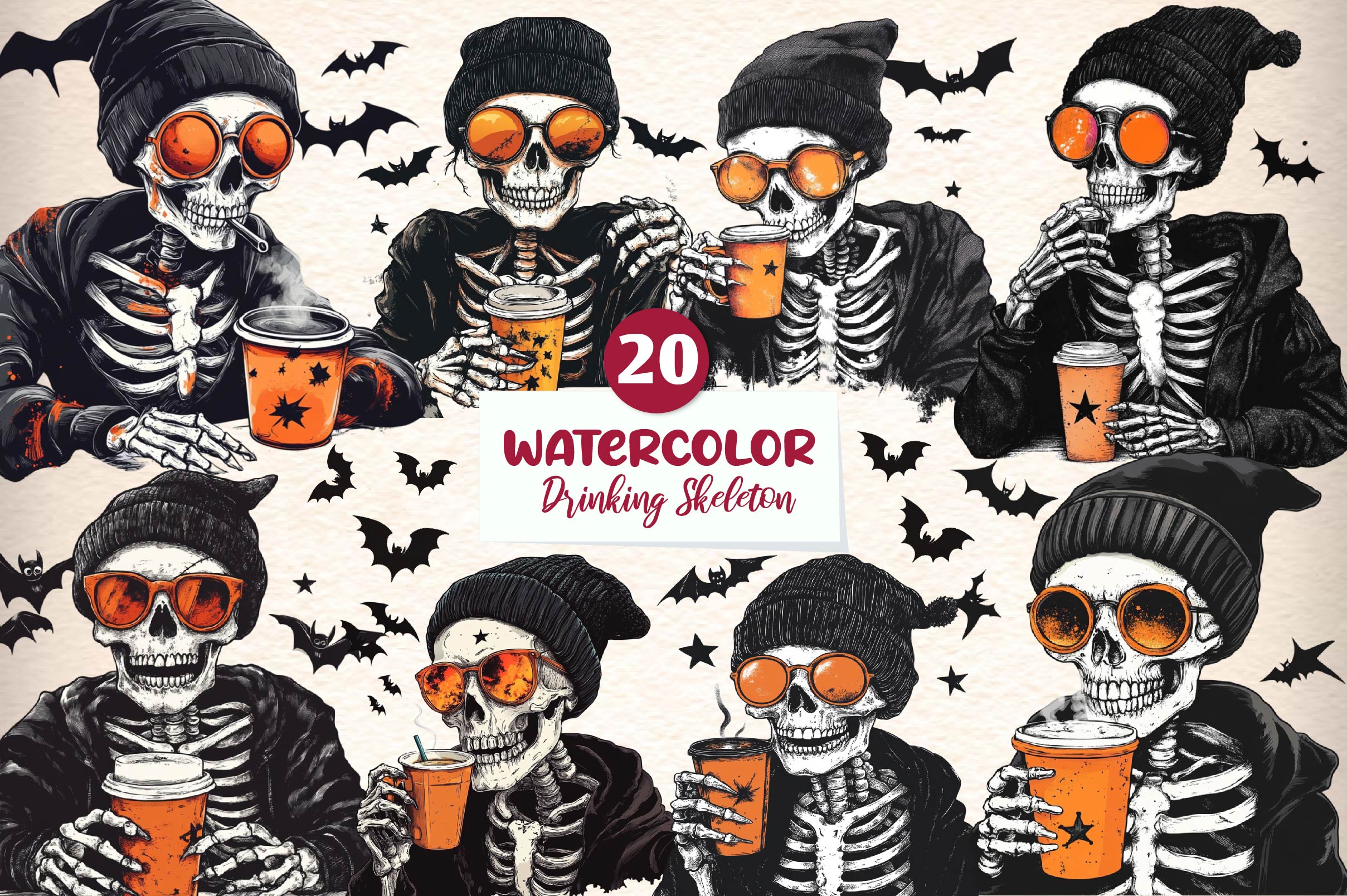 Halloween Drinking Skeleton Clipart Bundle