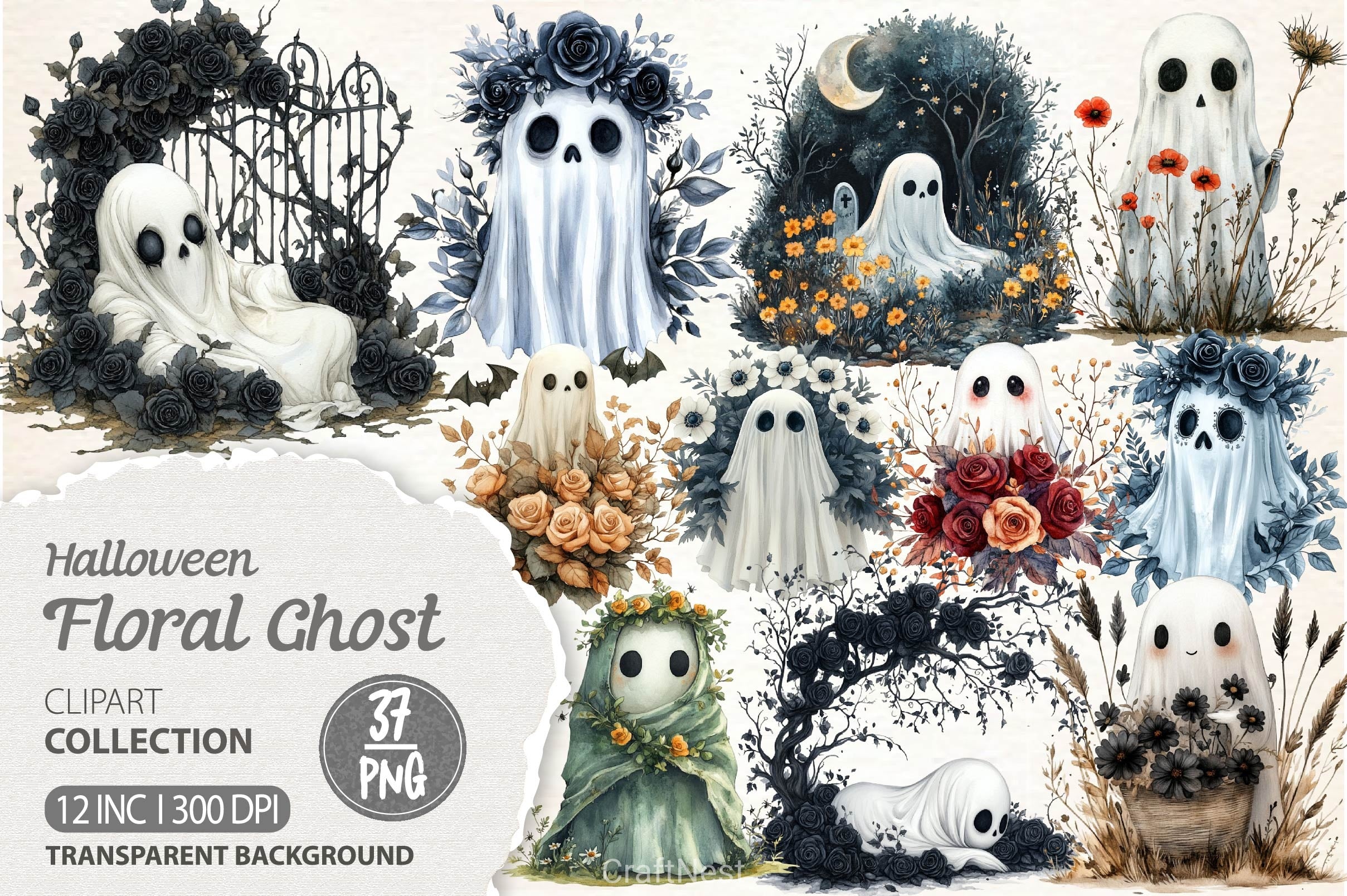 Halloween Floral Ghost Clipart Bundle 3