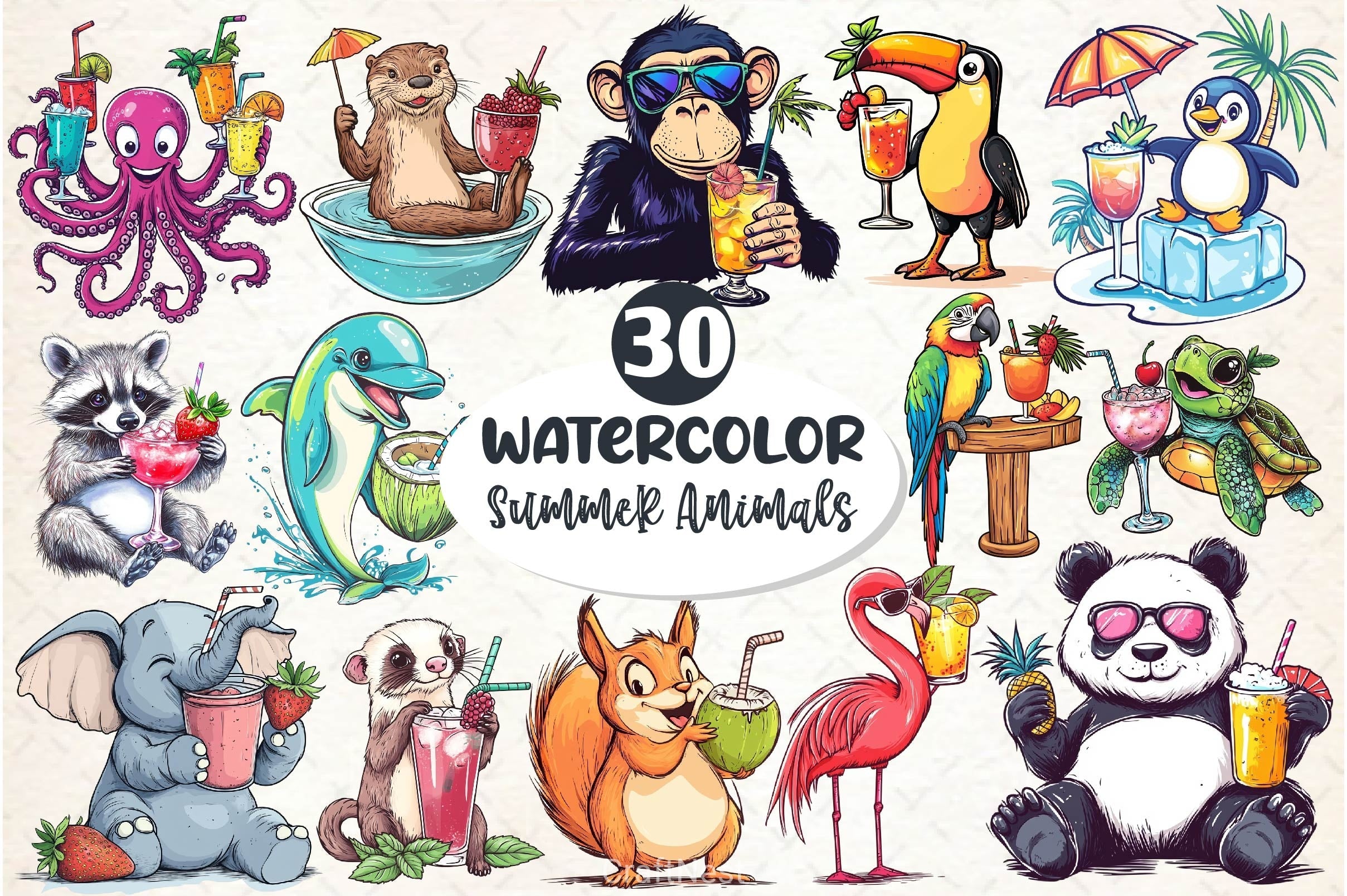 Summer Cocktail And Animals Clipart Bundle 1
