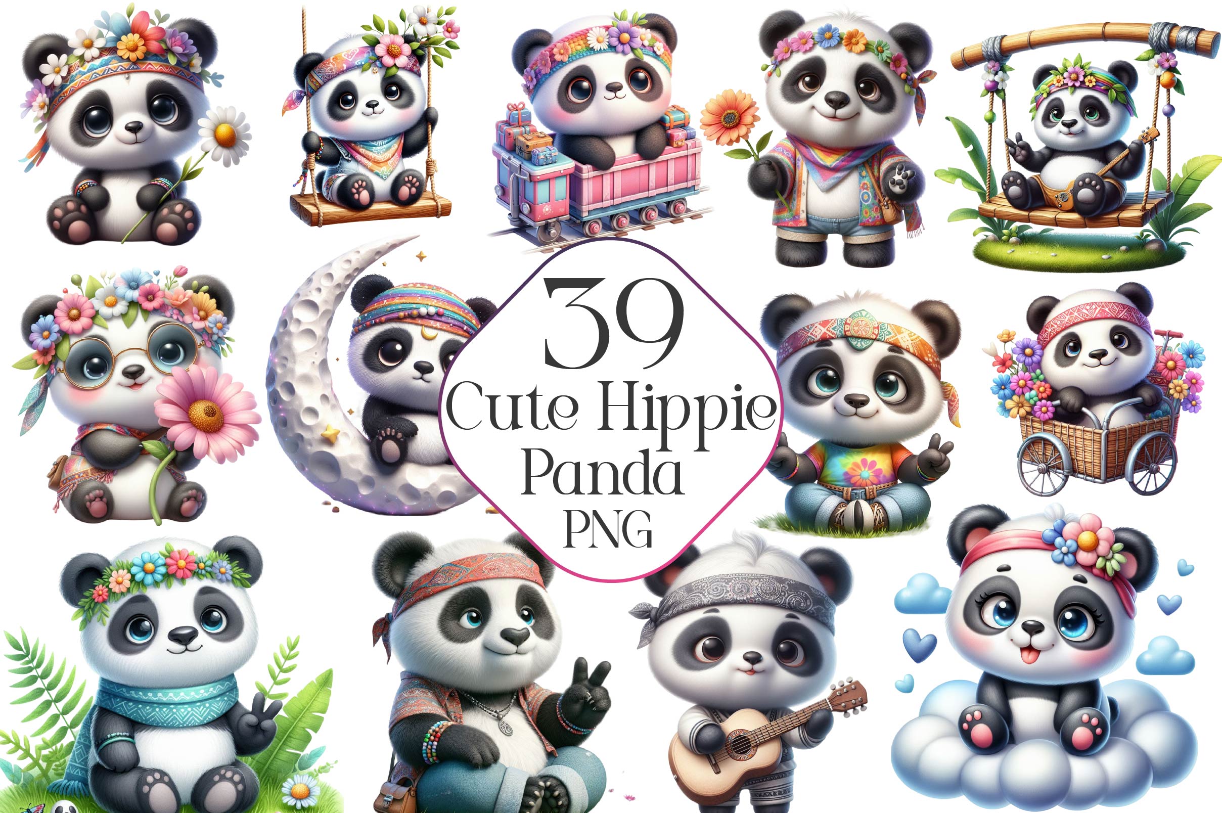 Hippie Cute Panda Clipart Bundle