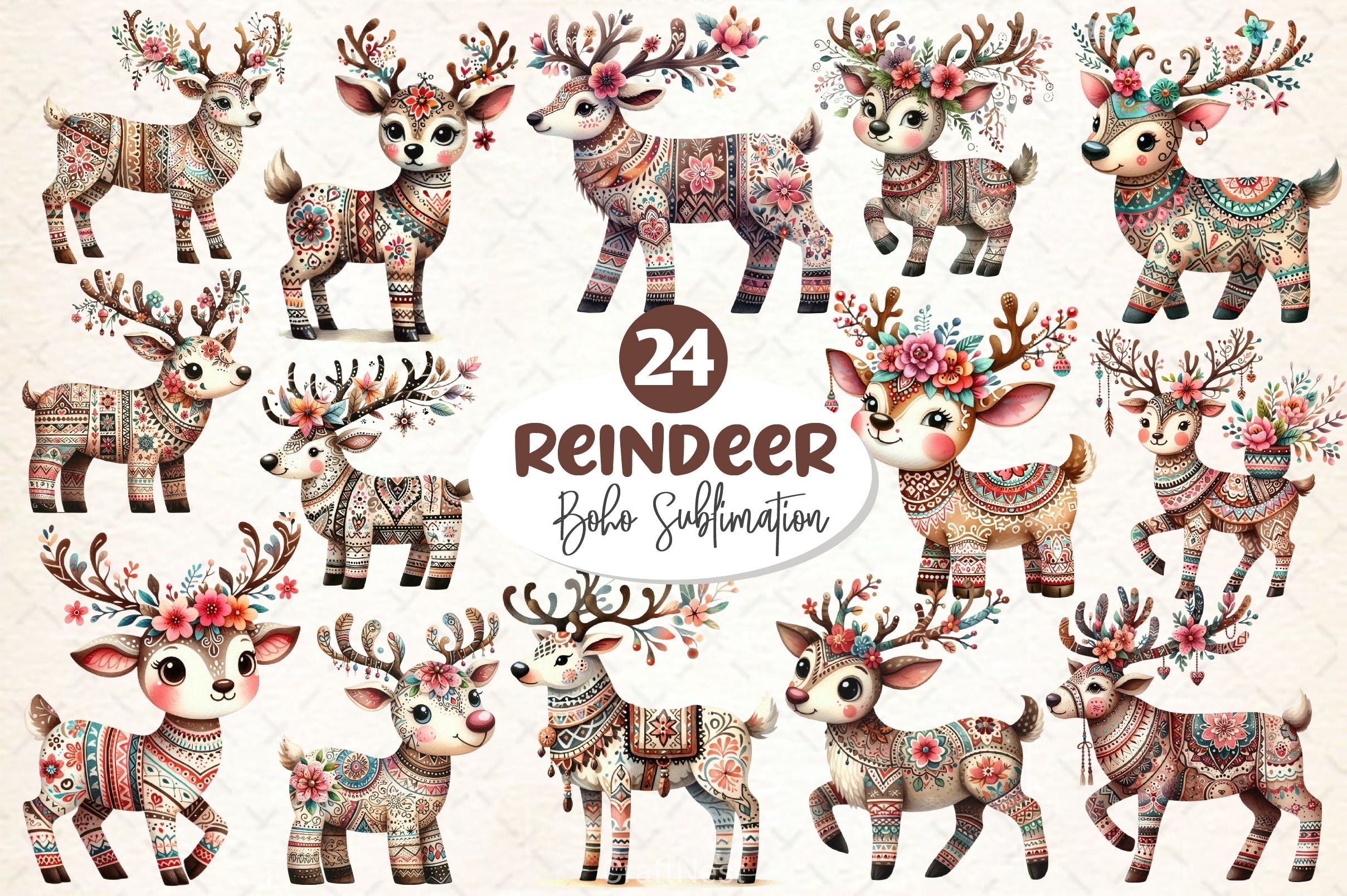 Christmas Boho Reindeer Clipart Bundle