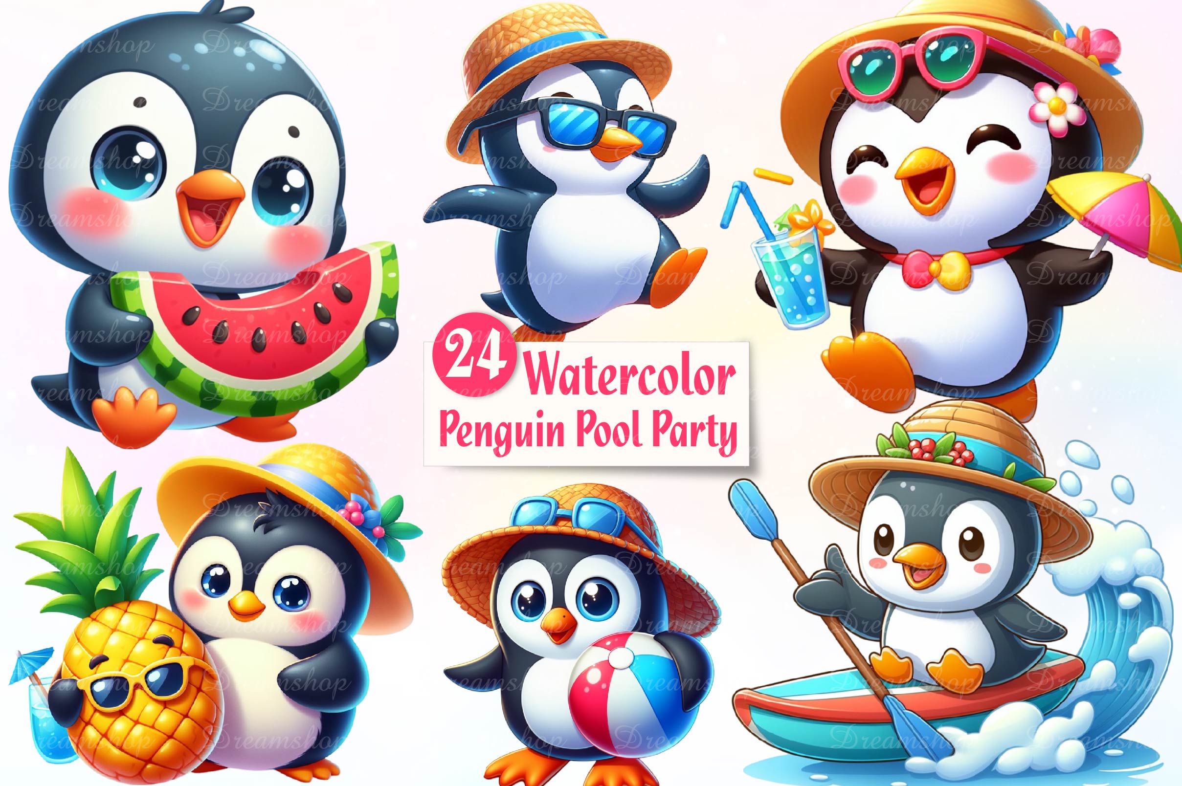 Funny Penguin In Pool Party Clipart Bundle