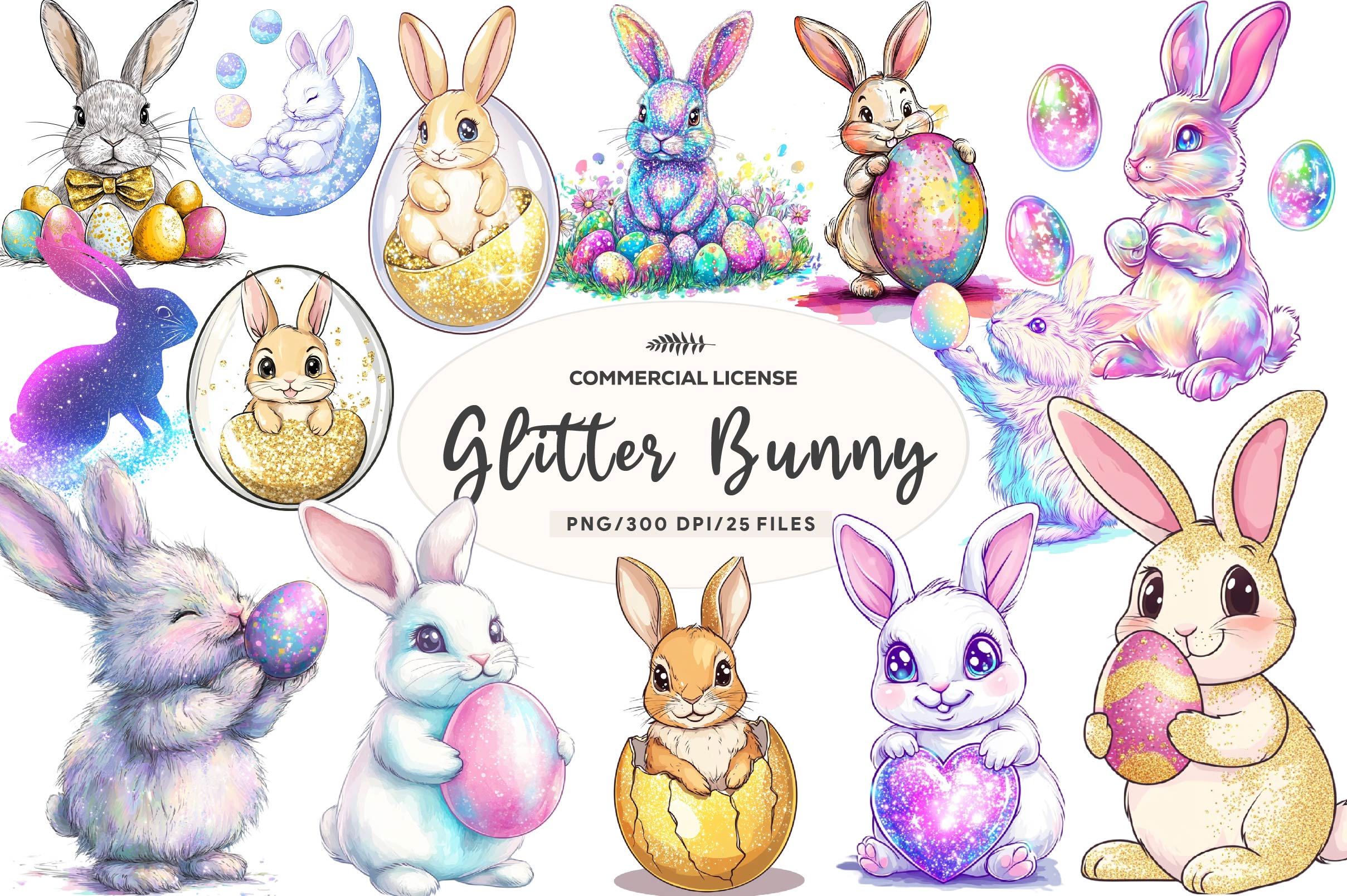 Glitter Bunny & Easter Egg Design Clipart Bundle
