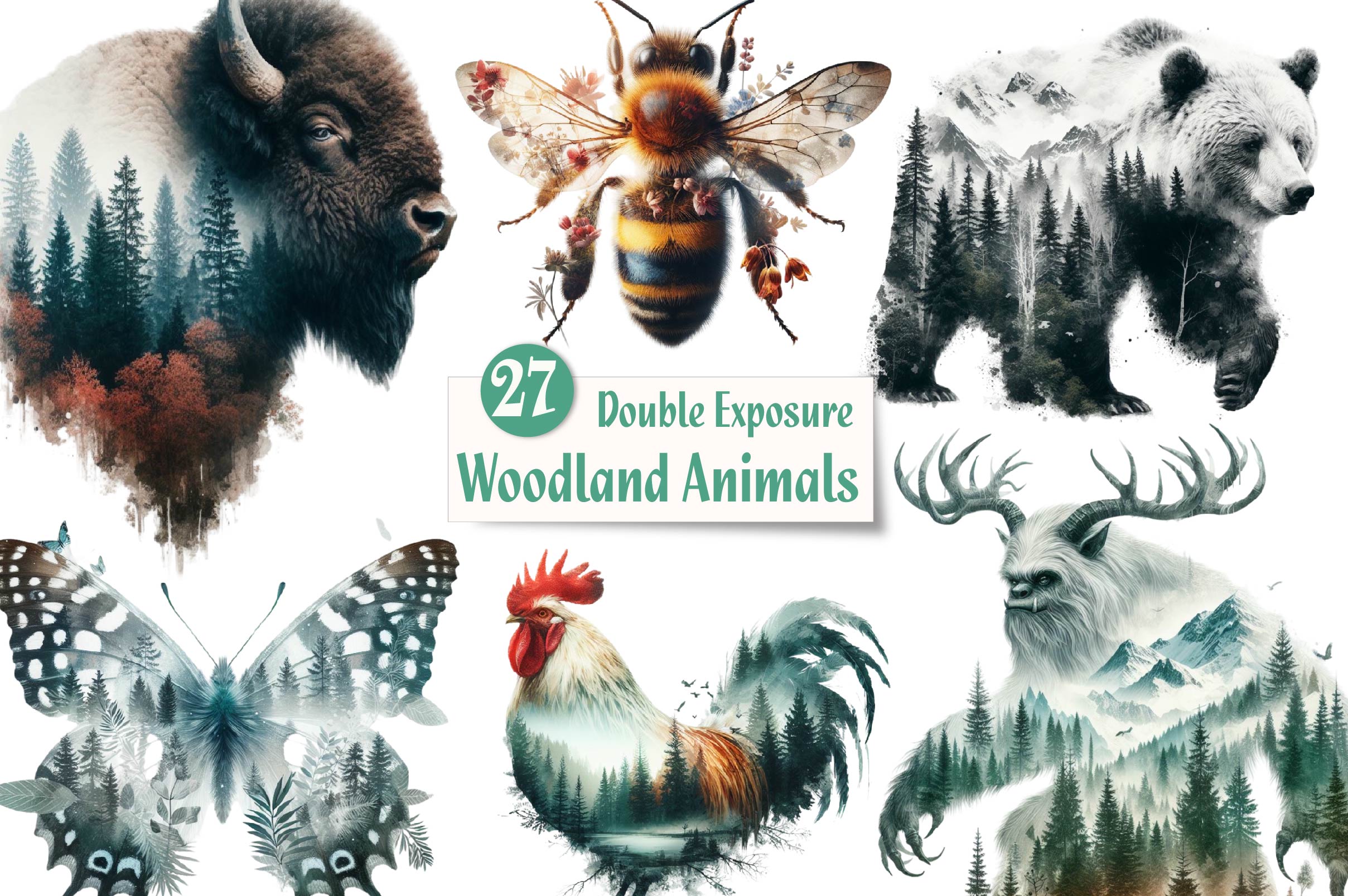 Double Exposure Woodland Animals Clipart Bundle