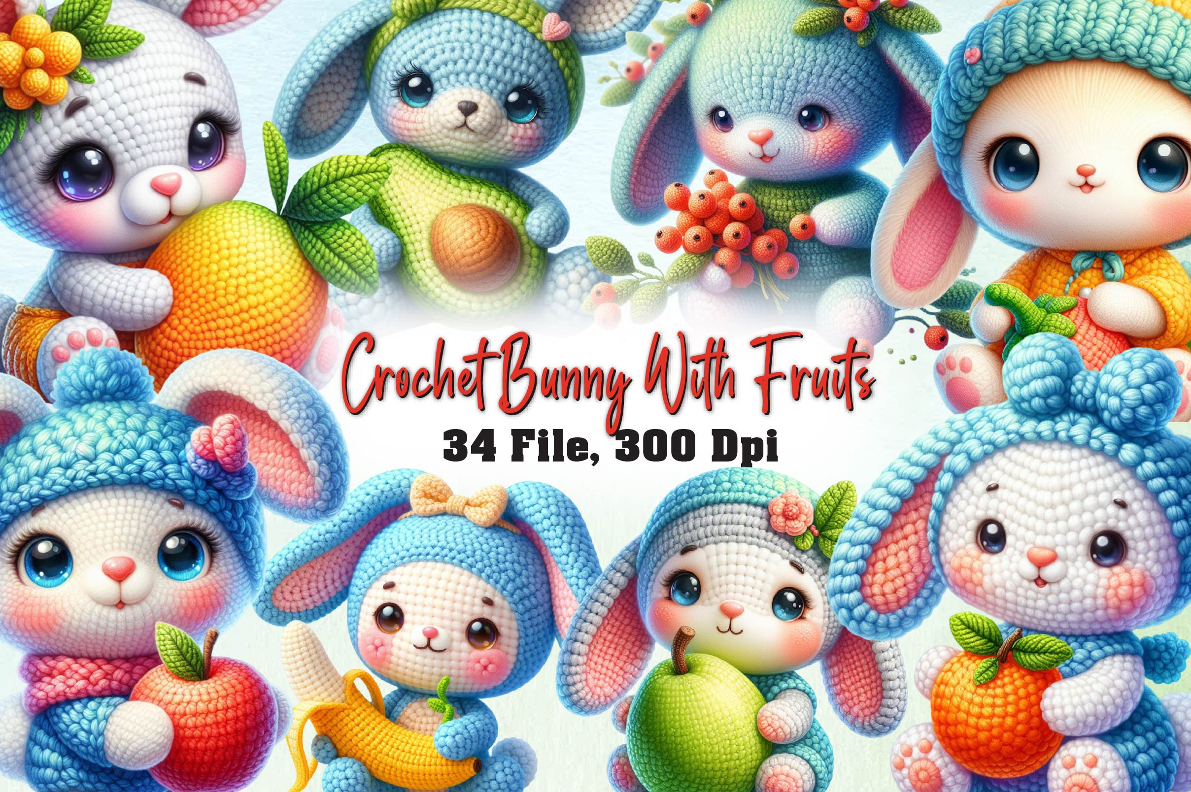 Crochet Bunny With Fruits Clipart Bundle