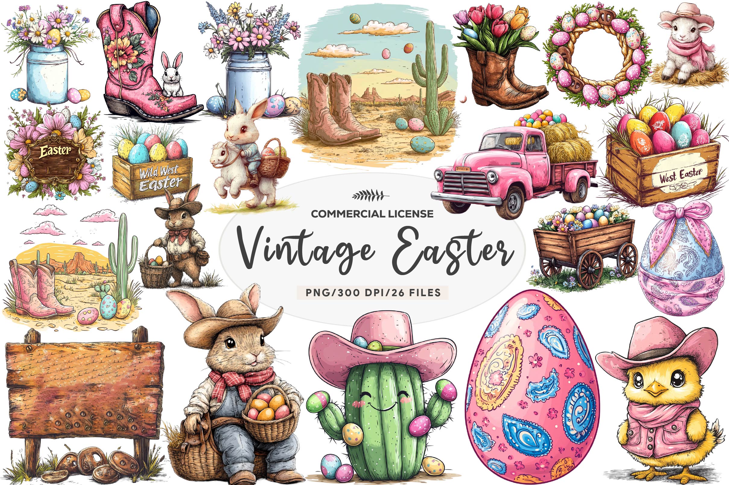 Vintage Pink Easter Western Clipart Bundle 1