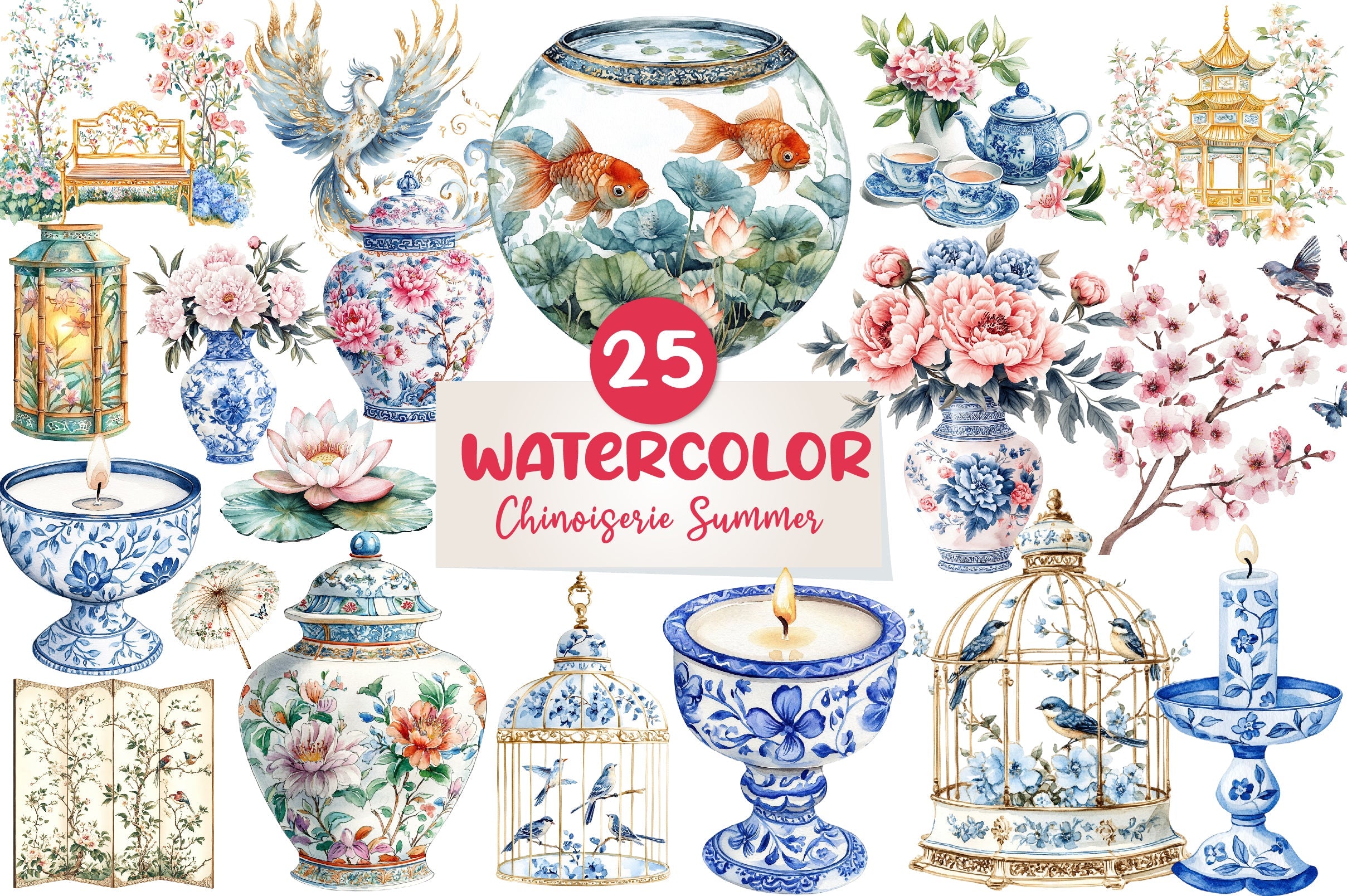 Chinoiserie Summer Clipart Bundle