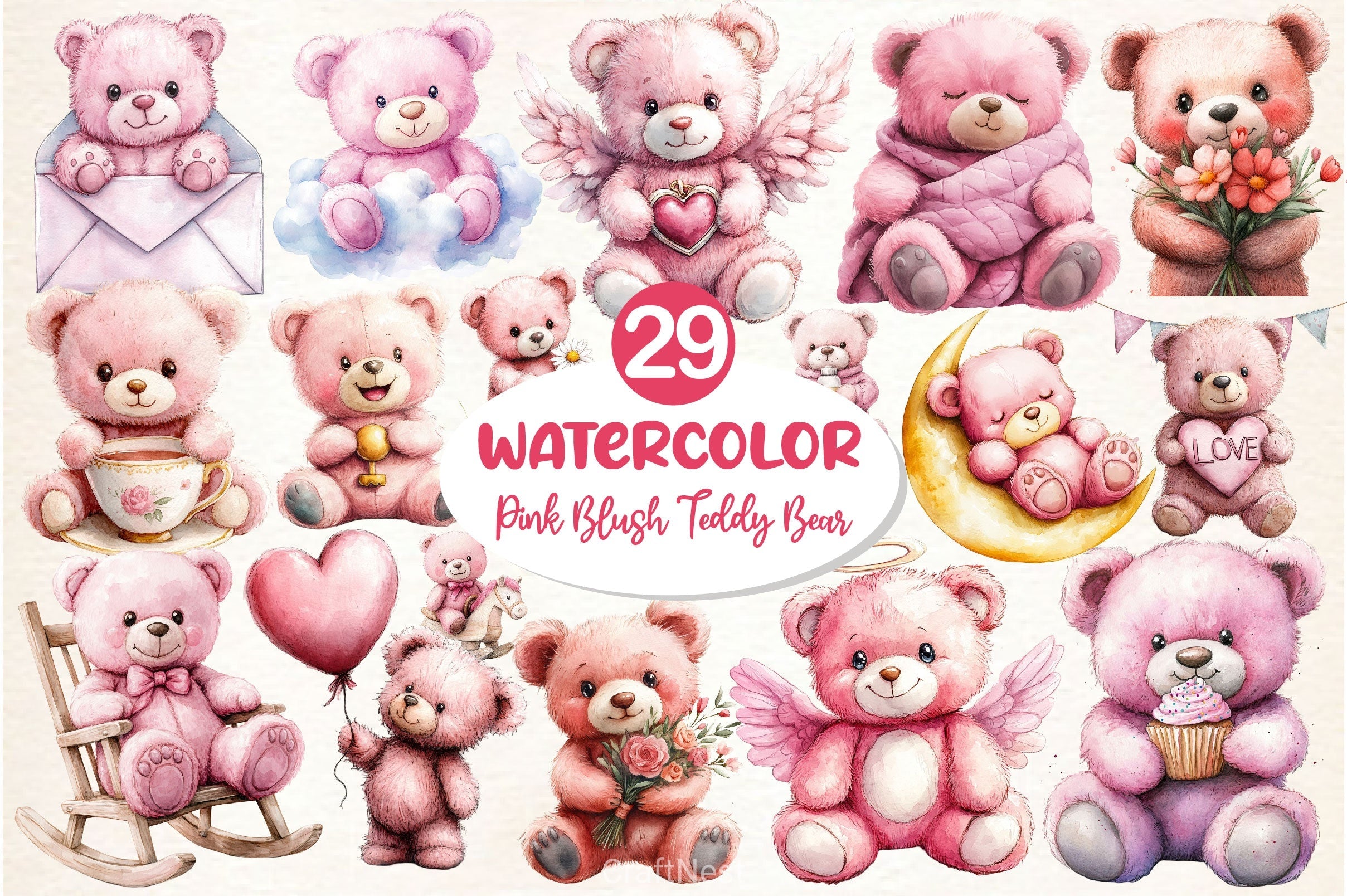 Pink Cute Blush Teddy Bear Clipart Bundle 3