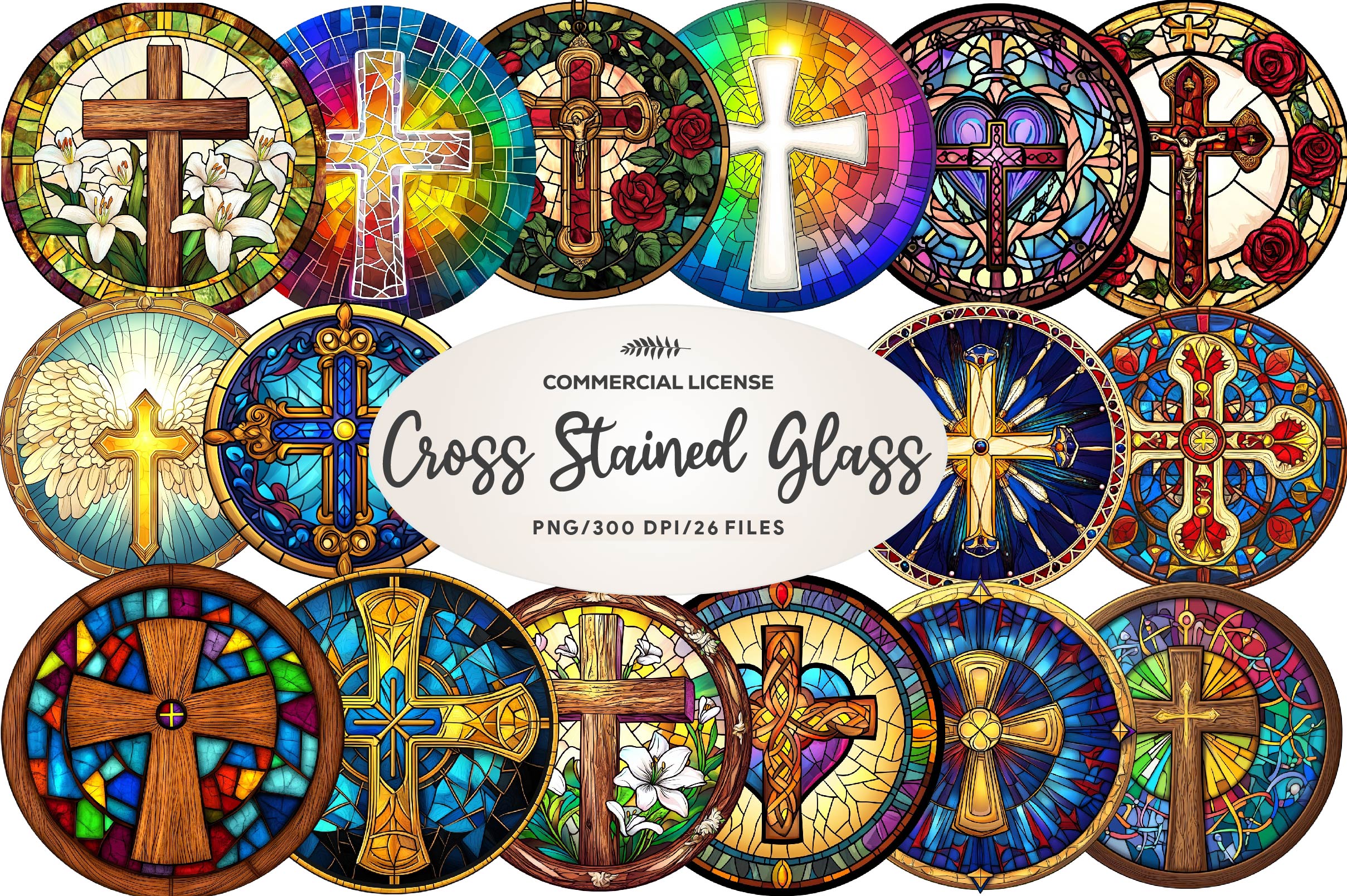 Christian Cross Round Stained Glass Clipart Bundle