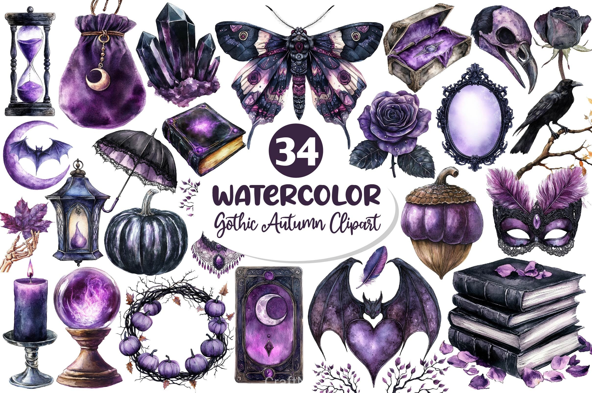 Black & Purple Gothic Autumn Clipart Bundle 2