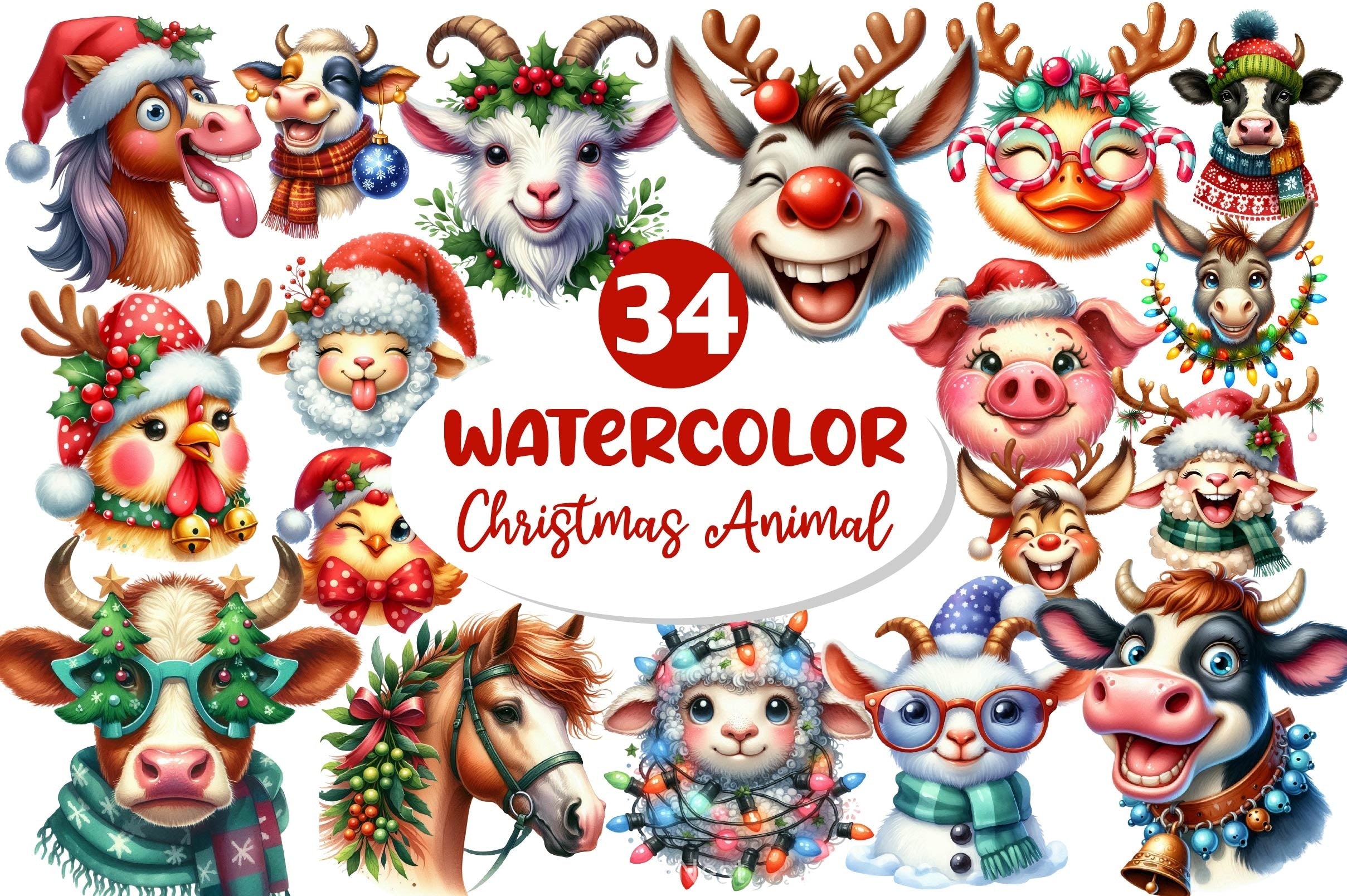 Funny Christmas Farm Animal Face Clipart Bundle