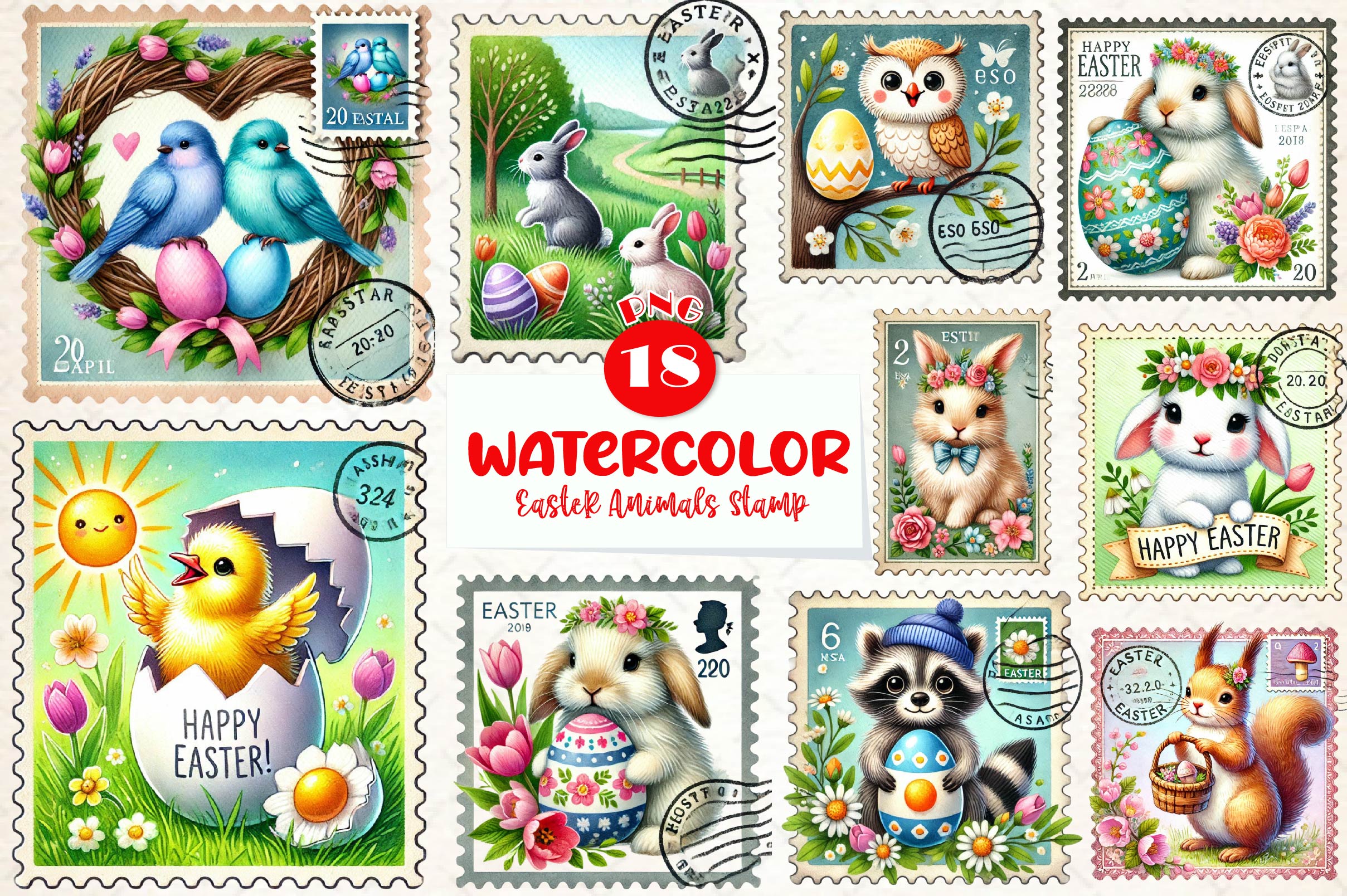 Easter Animals Postage Stamp Clipart Bundle
