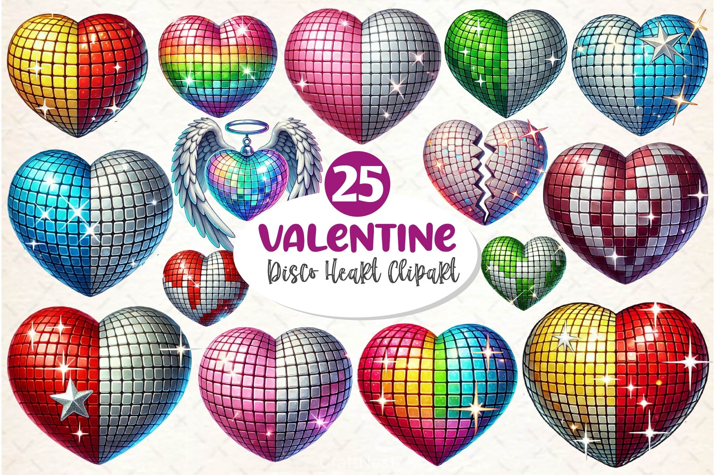 Valentines Day Disco Heart Clipart Bundle 3