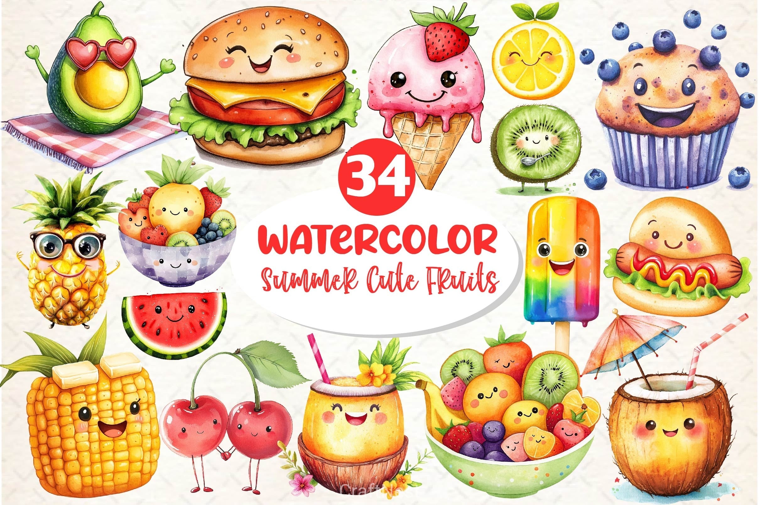 Summer Cute Fruits And Foods Clipart Bundle