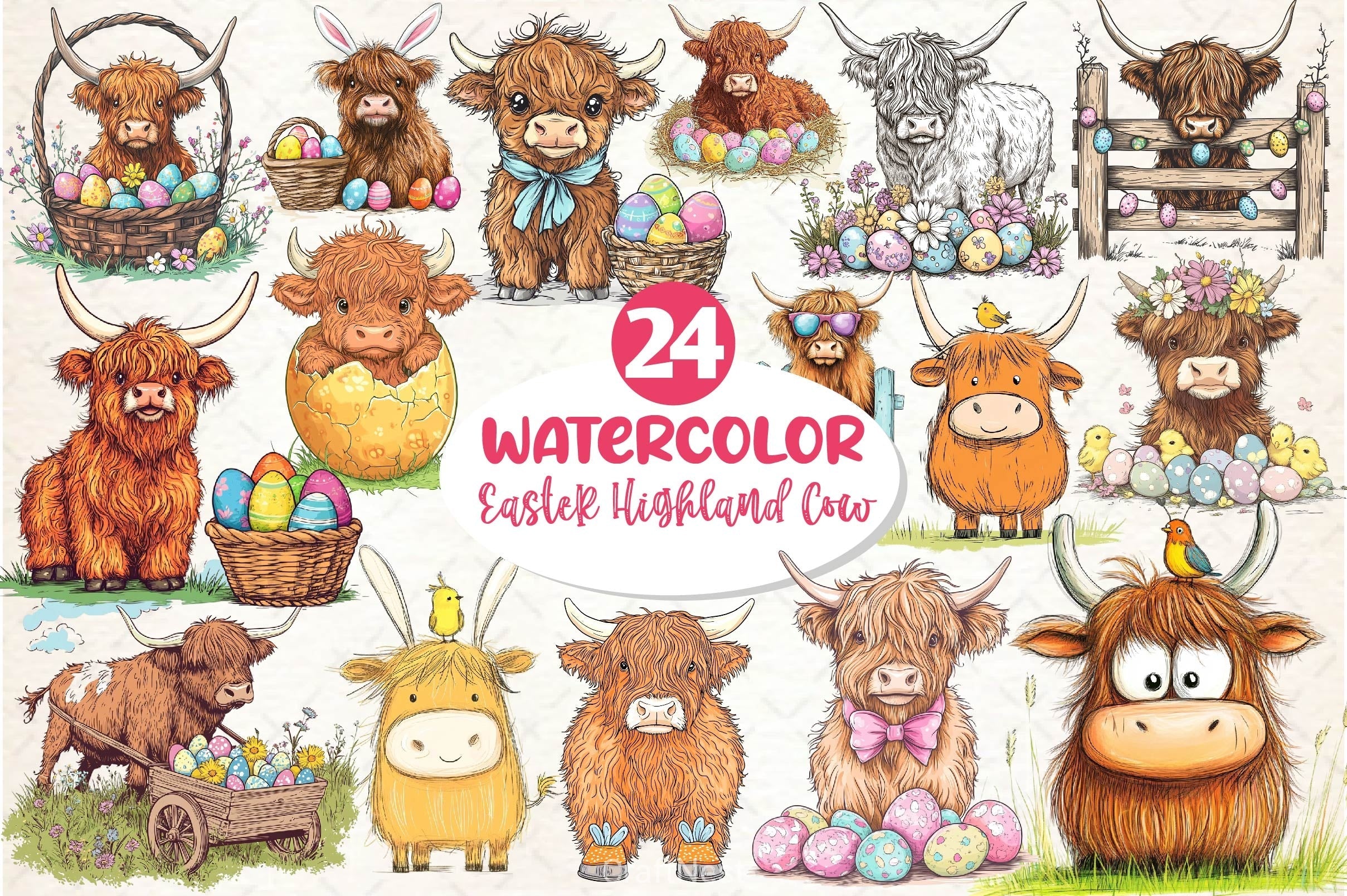 Easter Highland Cow Clipart Bundle 3
