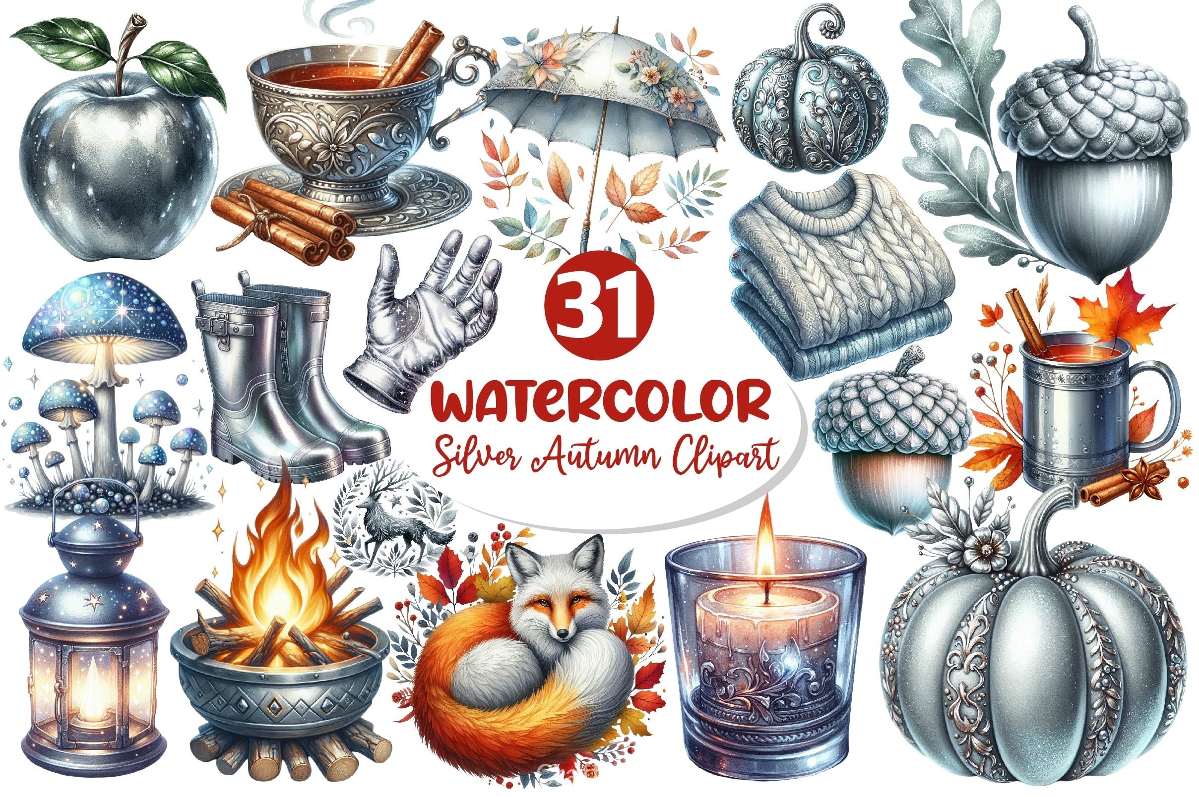 Silver Autumn Clipart Bundle 2