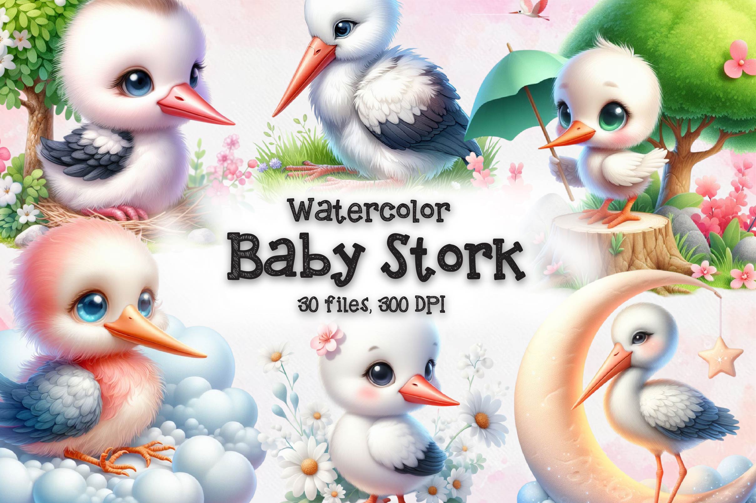 Baby Stork Clipart Bundle