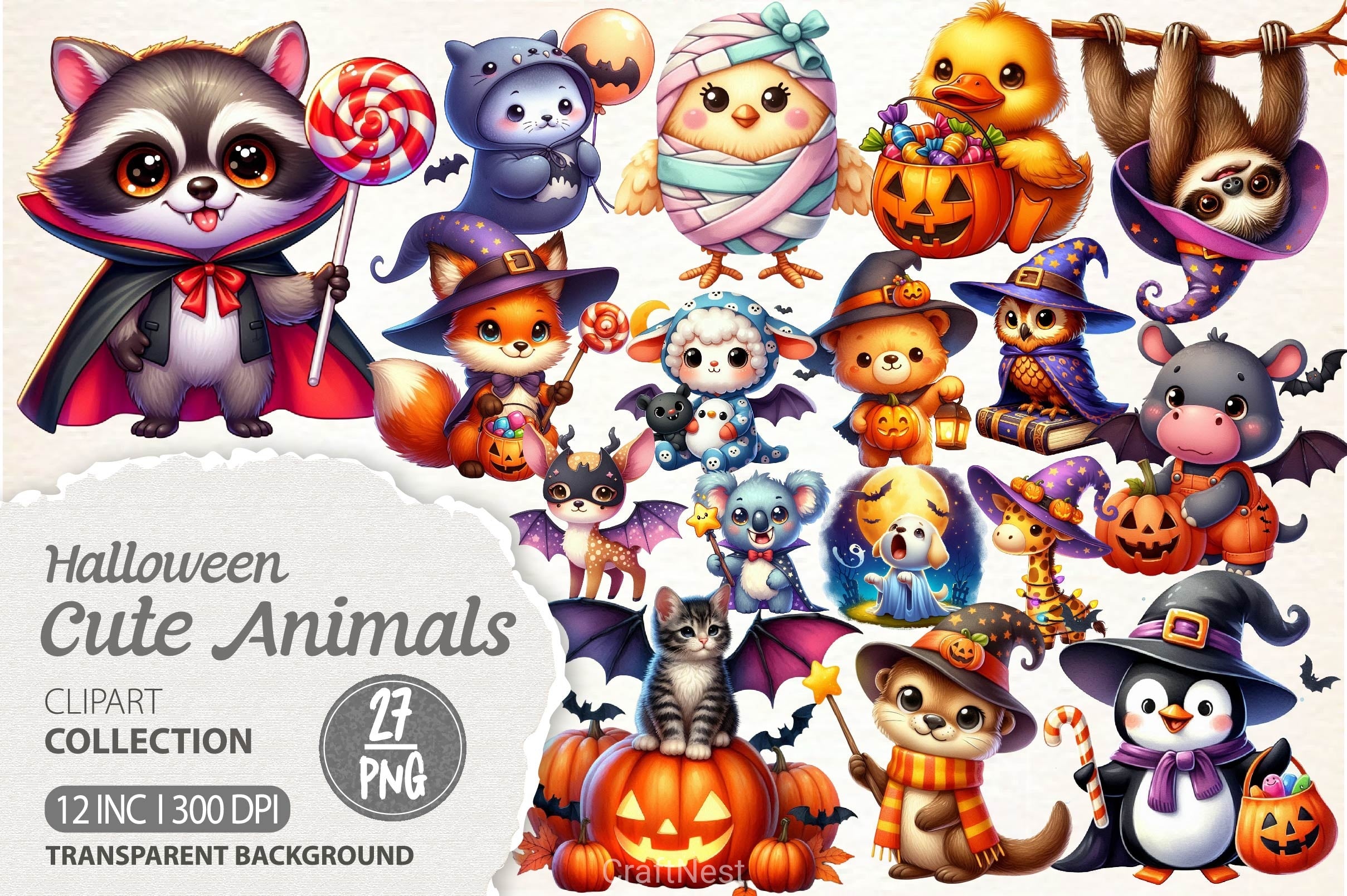 Cute Halloween Animals Clipart Bundle