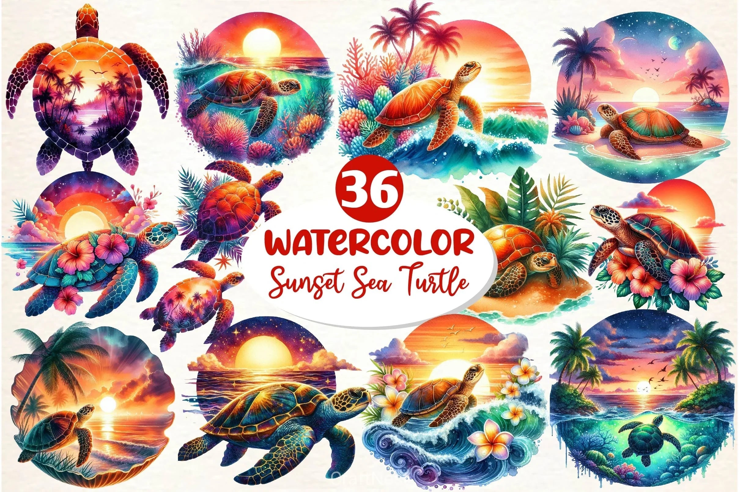 Sunset Sea Turtle Clipart Bundle