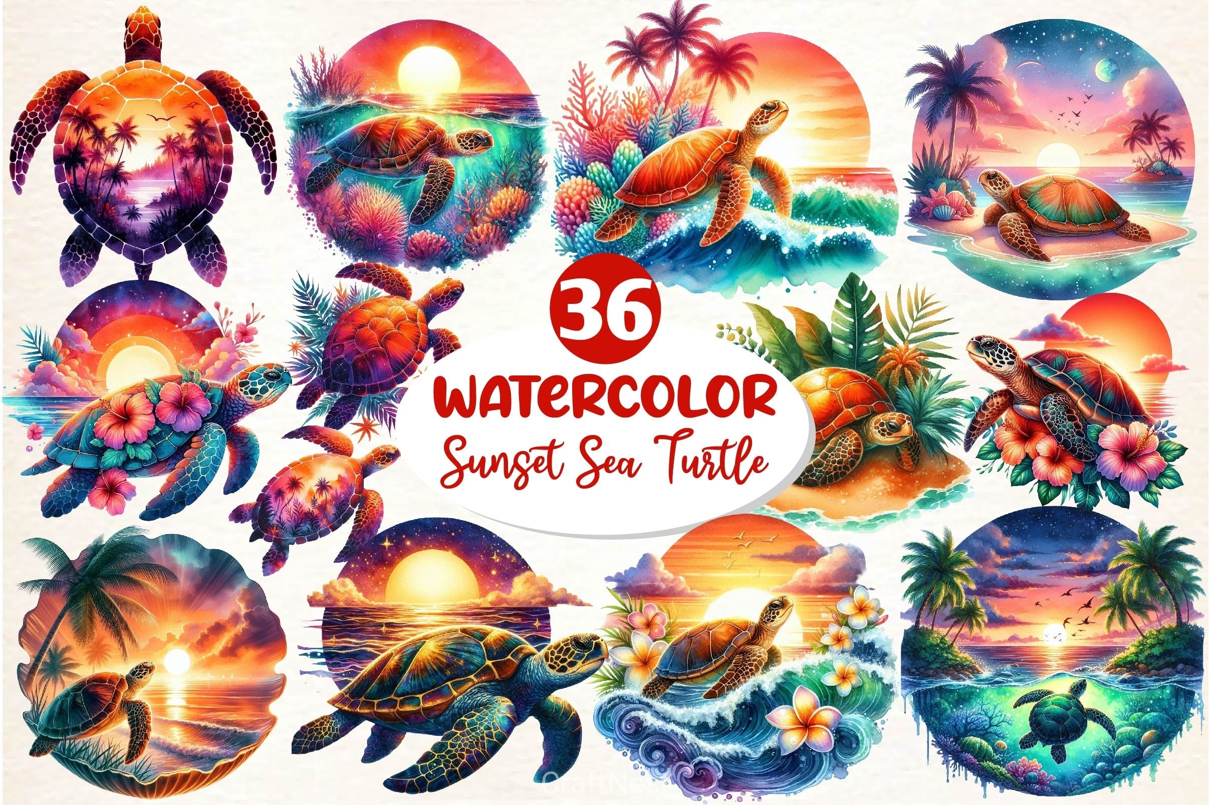 Sunset Sea Turtle Clipart Bundle 4