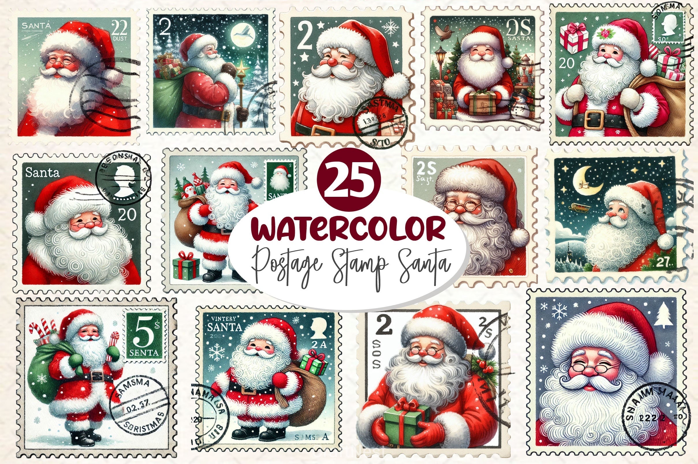 Postage Stamp Santa Claus Clipart Bundle 2