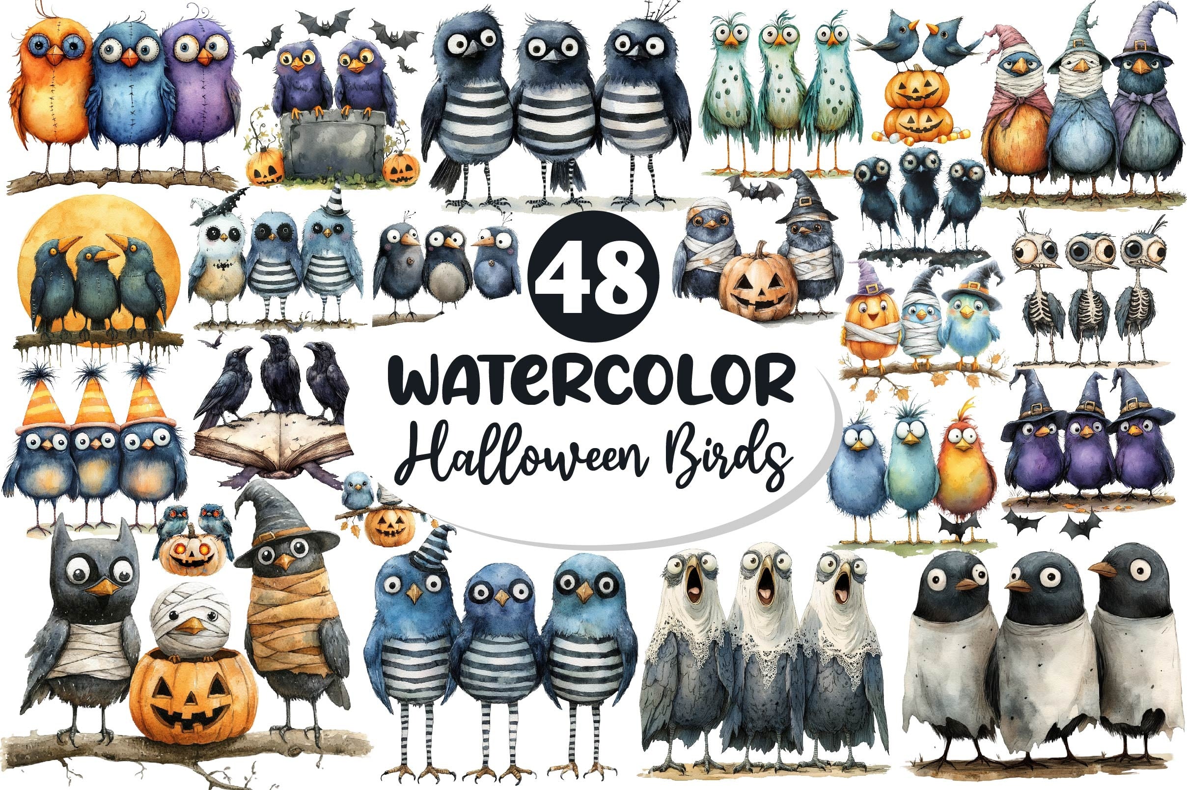 Halloween Quirky Birds Clipart Bundle
