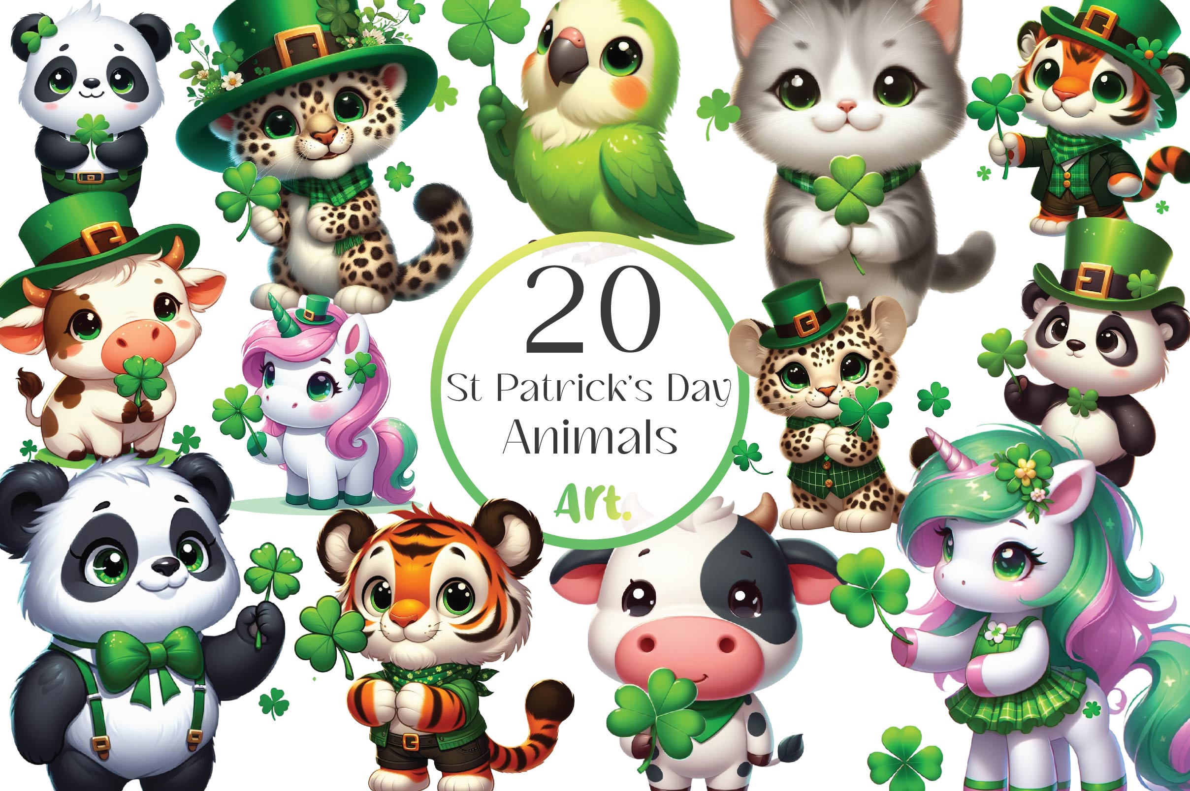 St Patricks Day Animals Clover Clipart Bundle