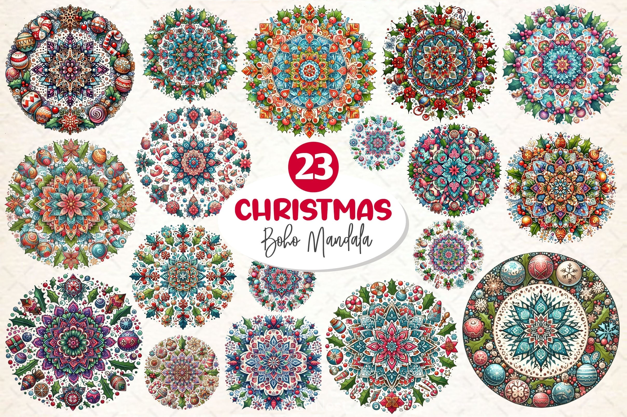 Boho Mandala Christmas Clipart Bundle