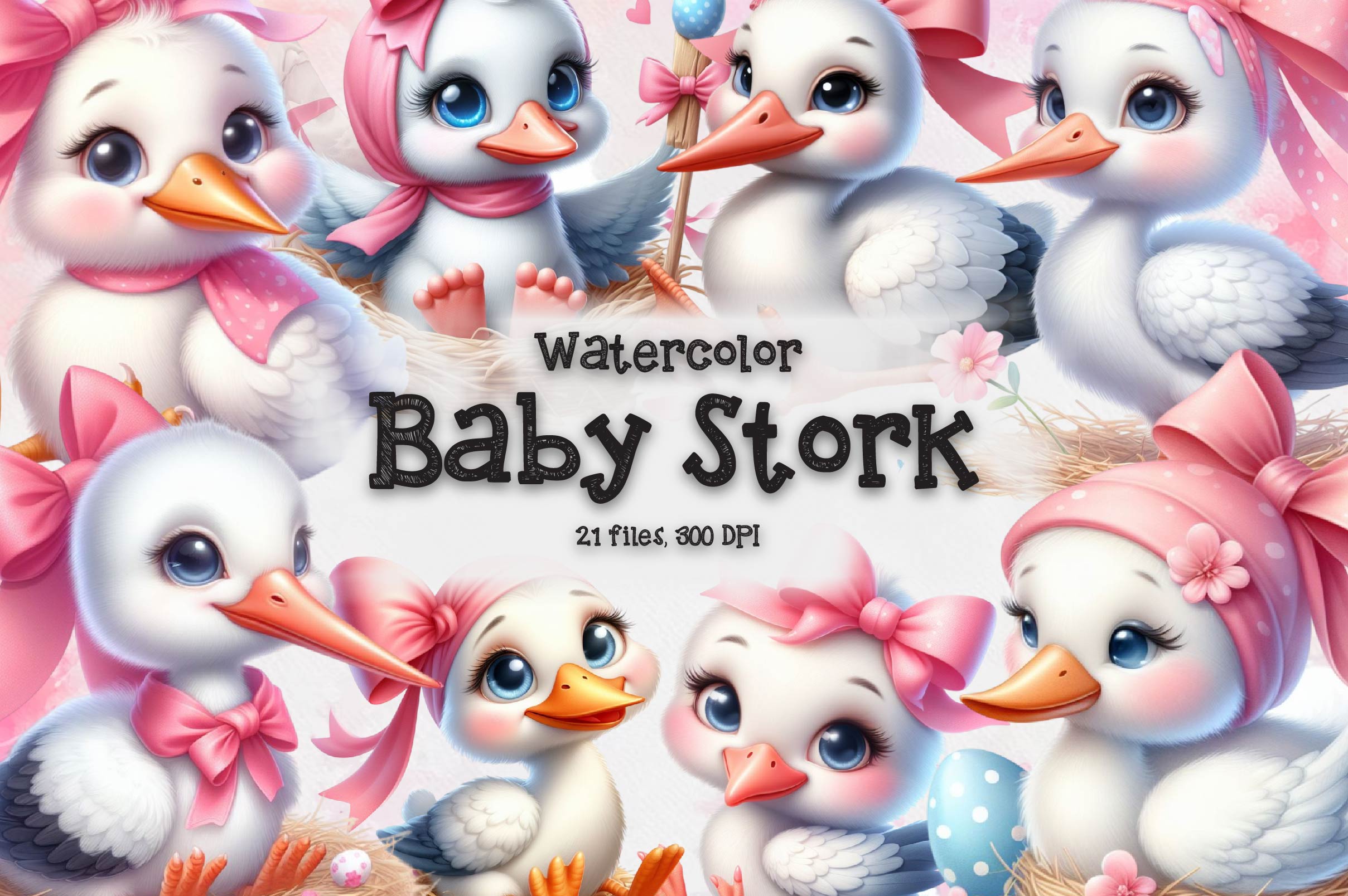 Mint Stork Baby Shower Clipart Bundle