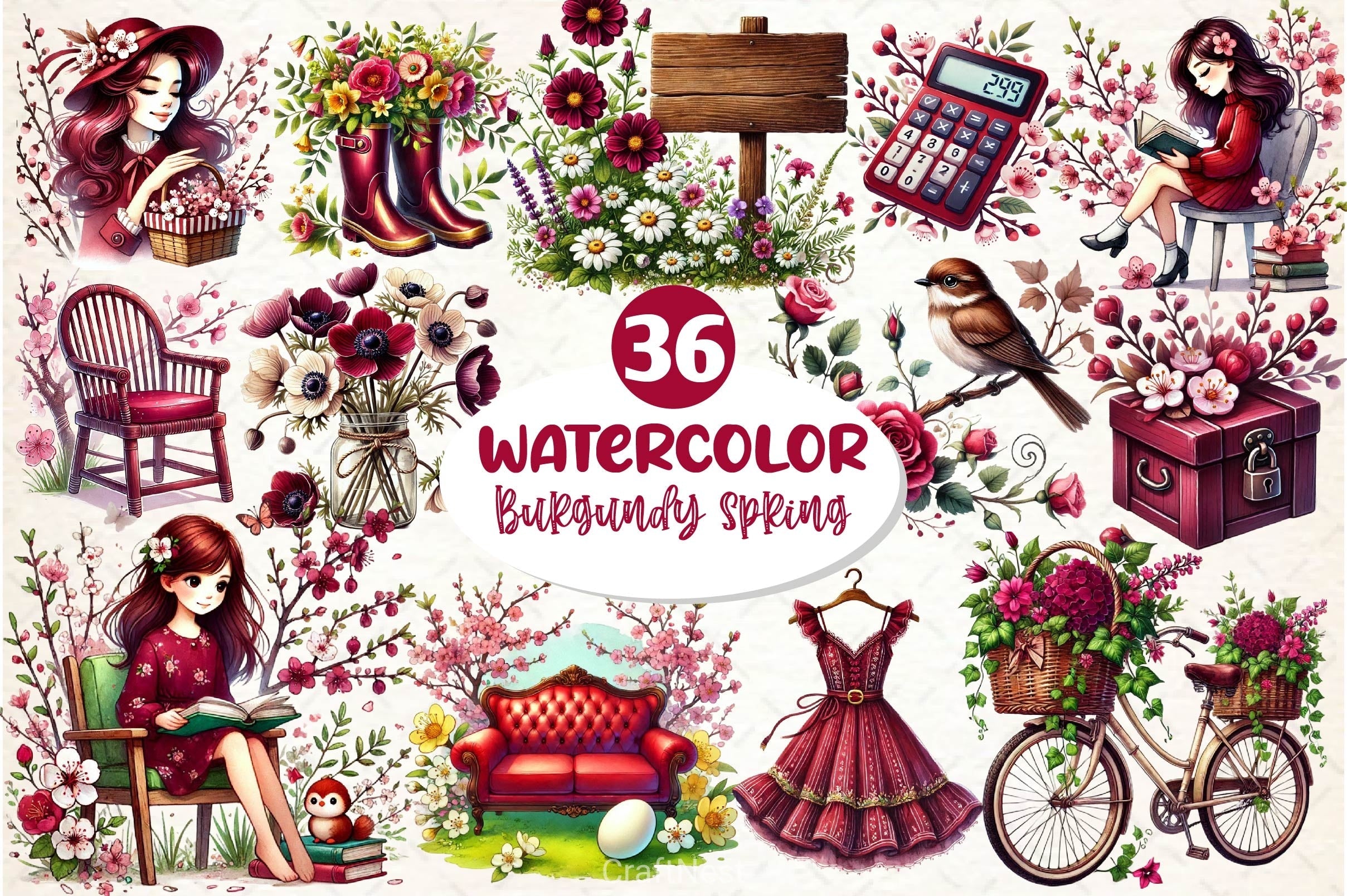 Burgundy Spring Clipart Bundle 7