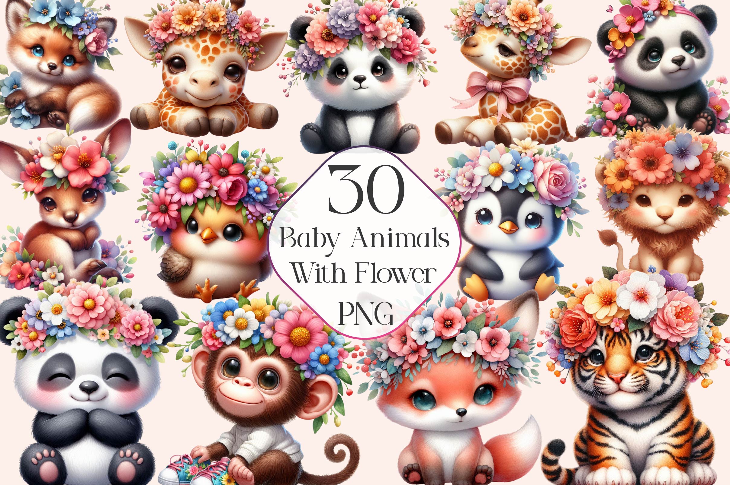 Baby Animals With Flower Crowns Clipart Bundle
