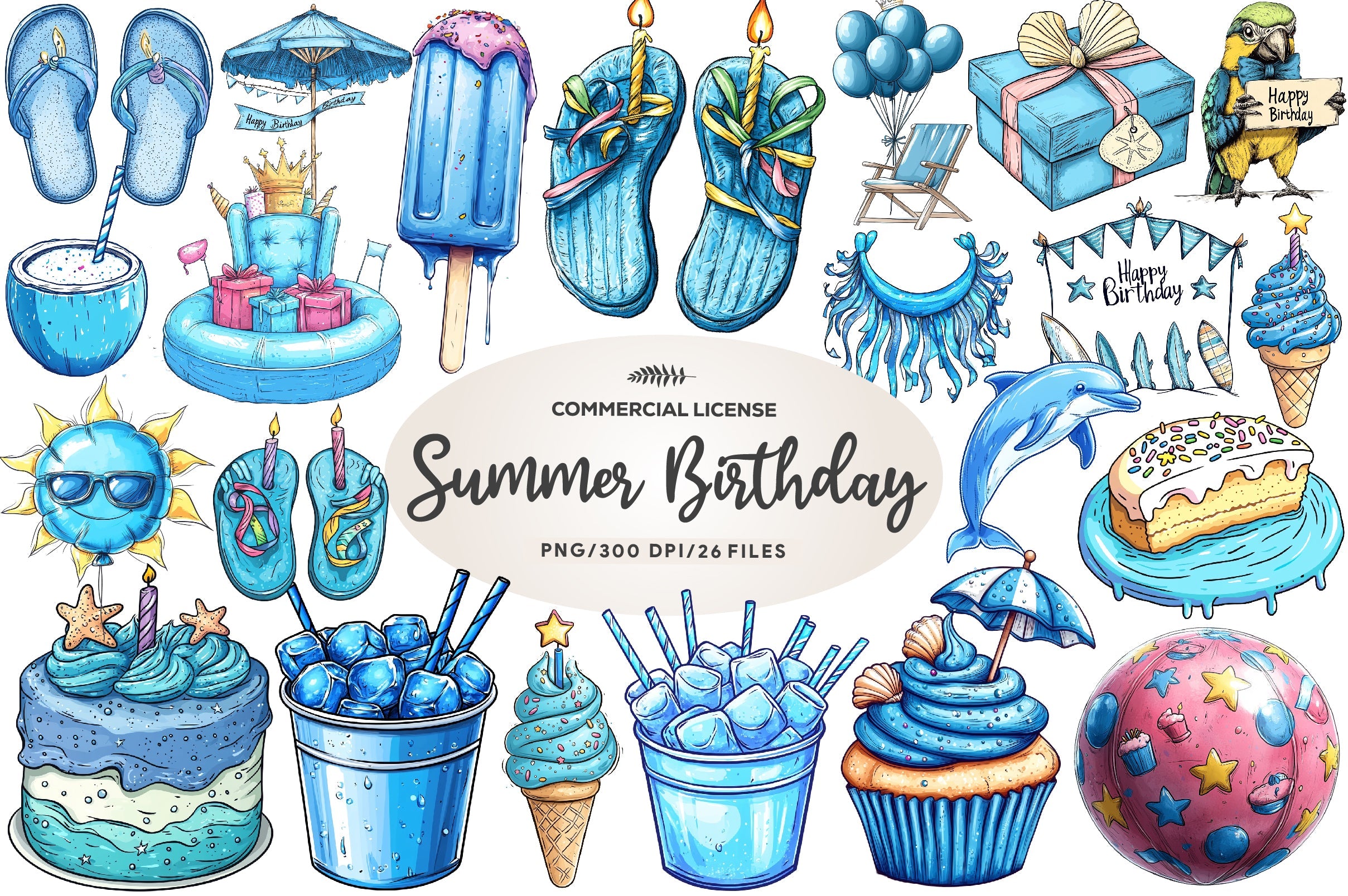 Summer Happy Birthday Clipart Bundle 1