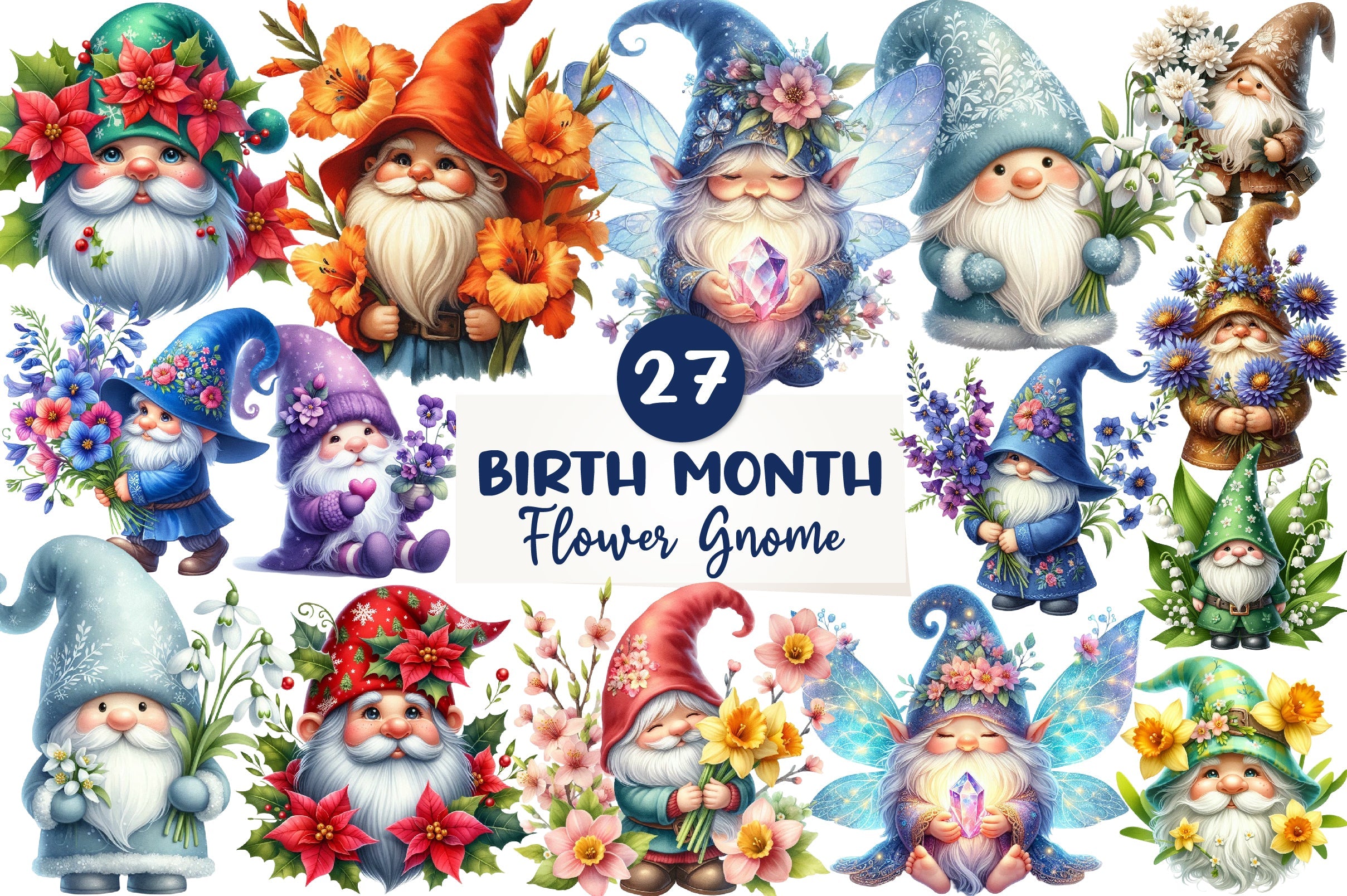 Birth Month Flower Gnome Clipart Bundle
