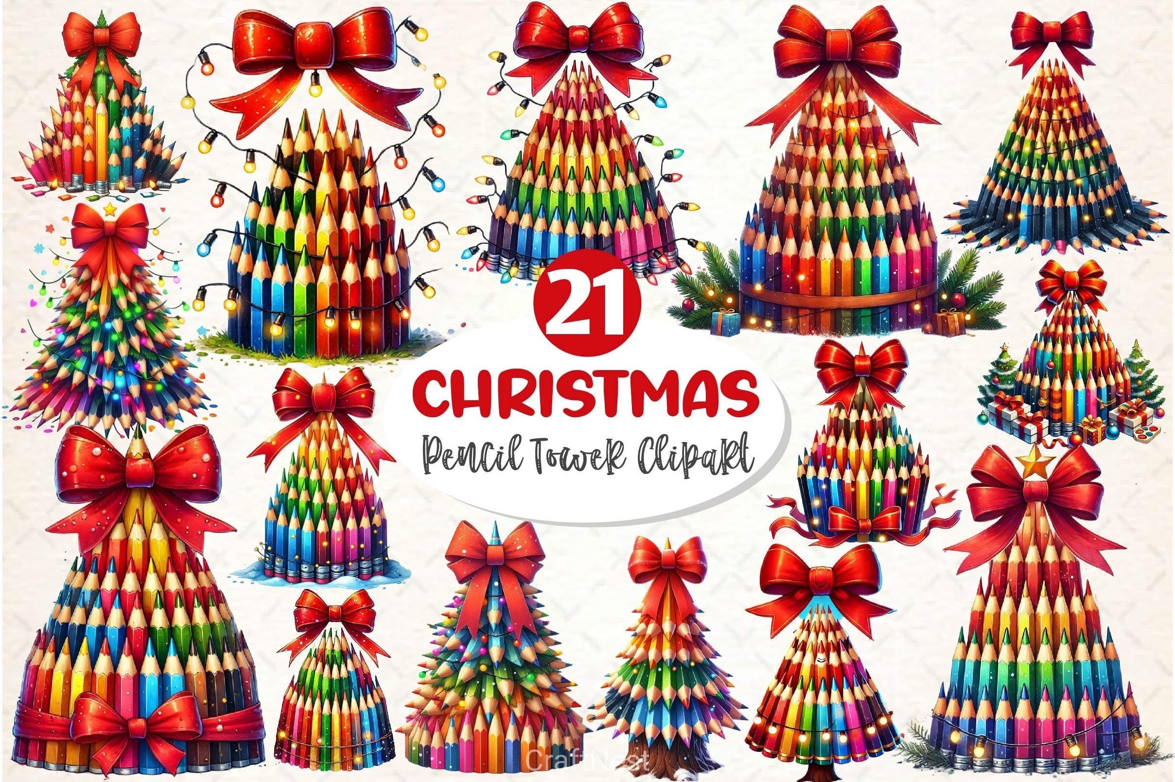 Christmas Pencil Tower Clipart Bundle