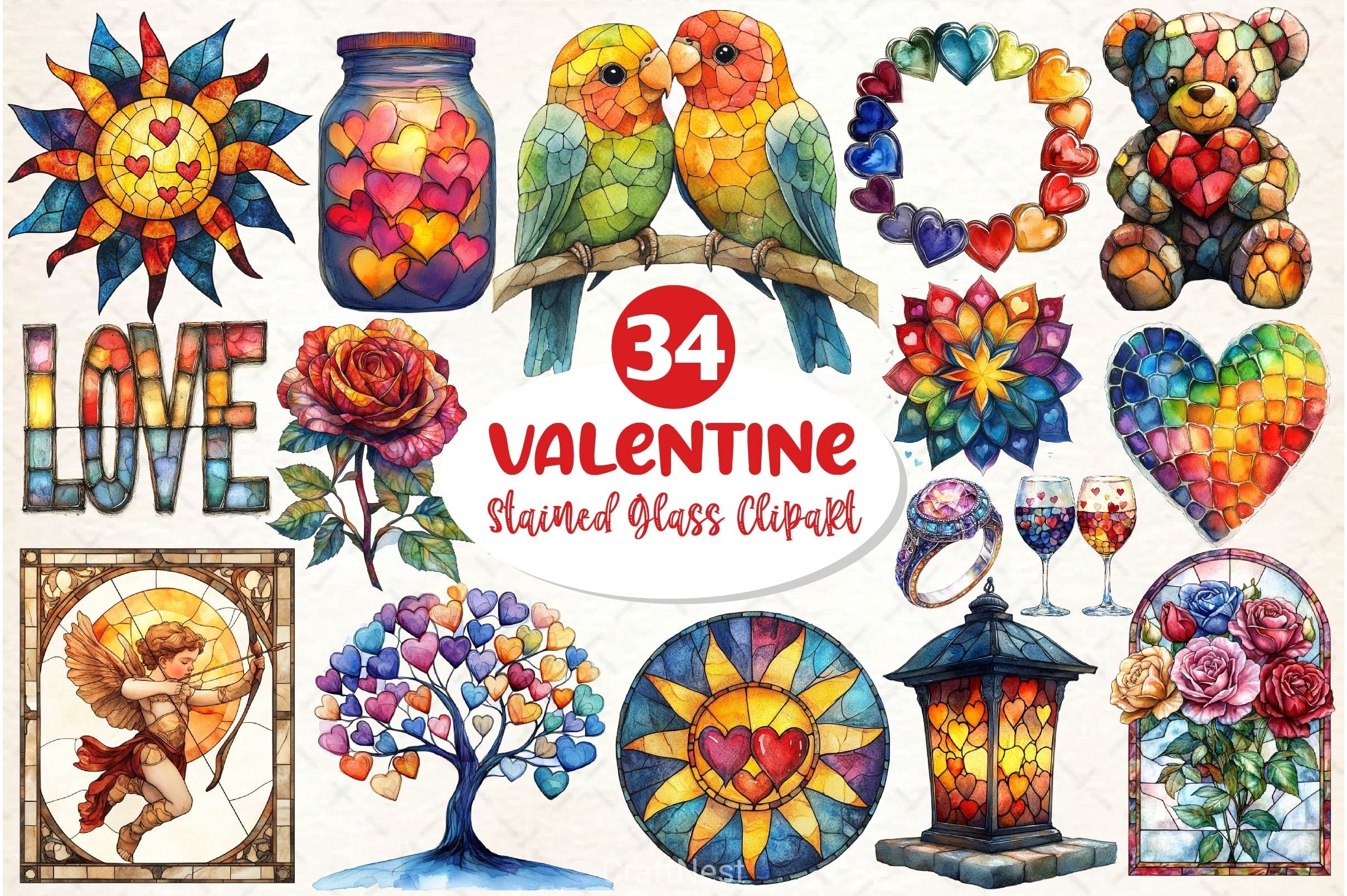 Stained Glass Valentines Clipart Bundle