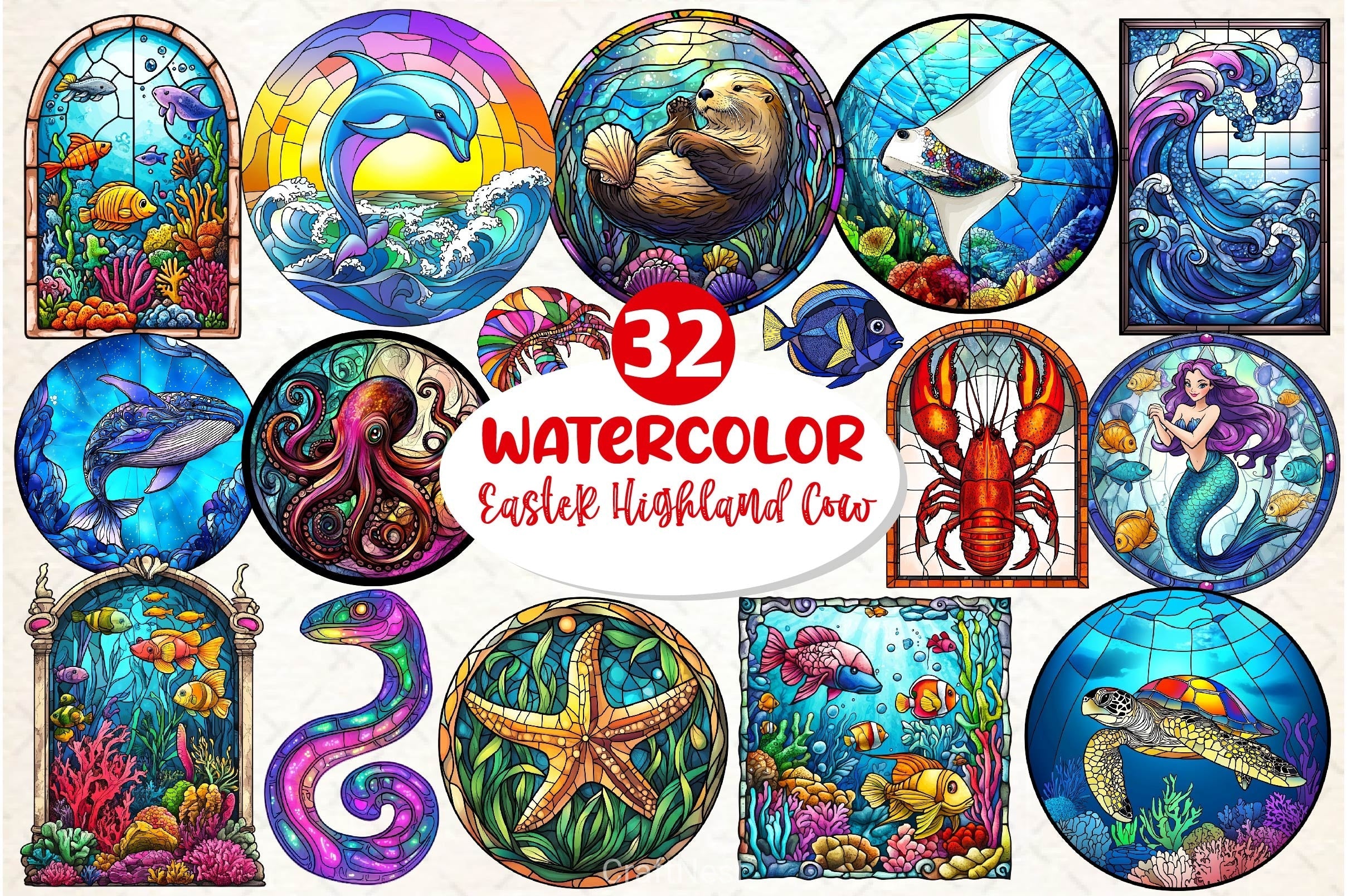 Round Stained Glass Sea Animals Clipart Bundle