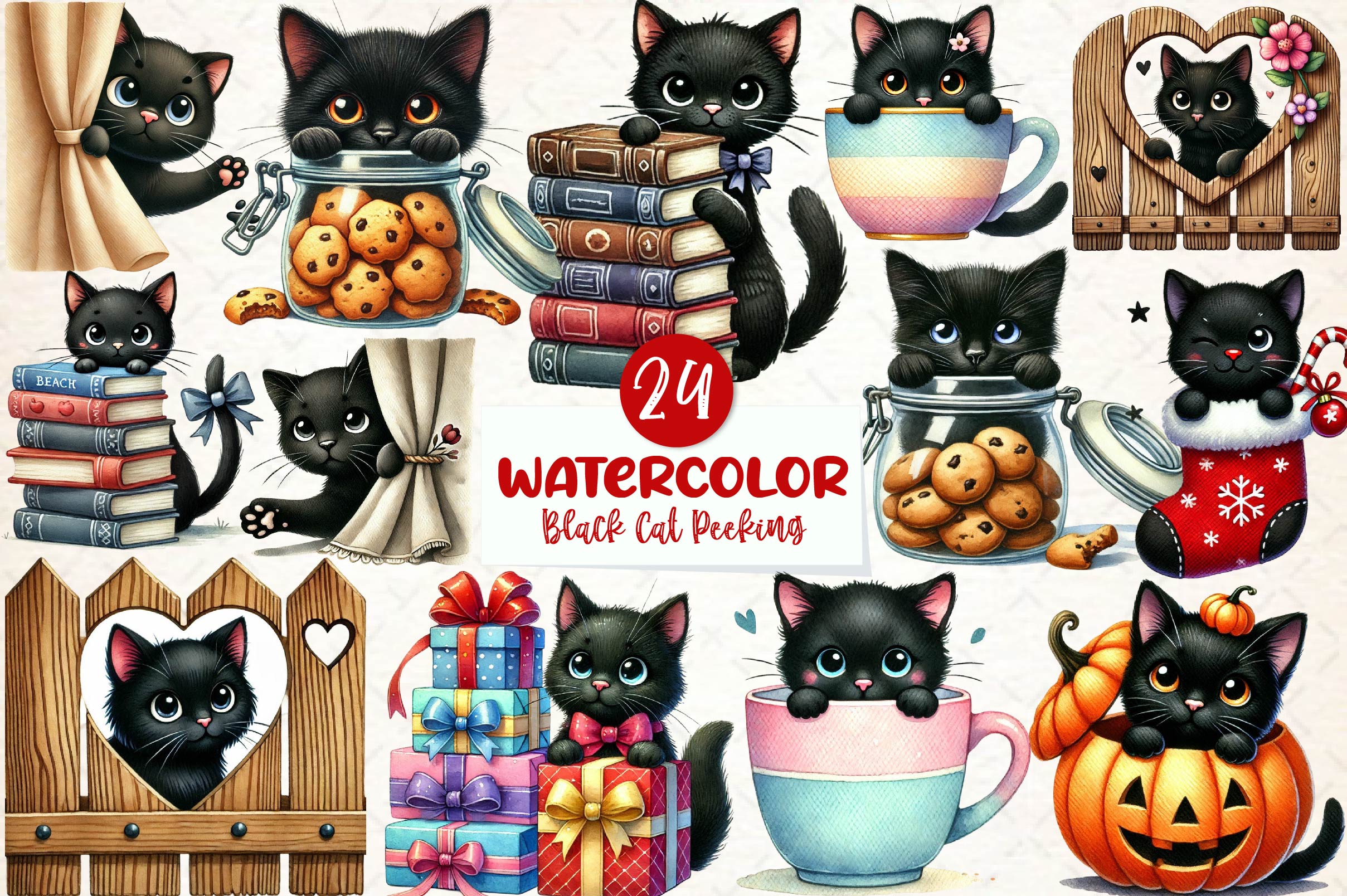 Cute Black Cat Peeking Clipart Bundle