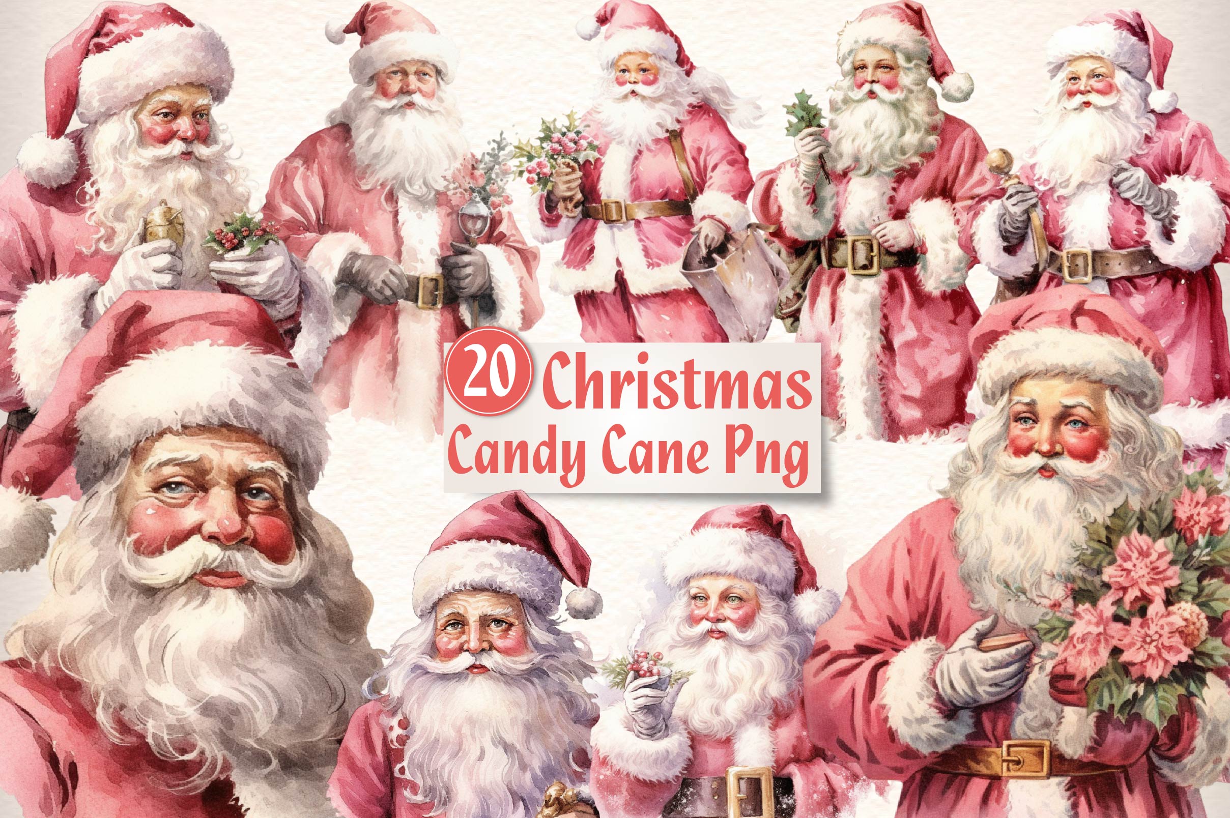 Vintage Christmas Pink Santa Clipart Bundle