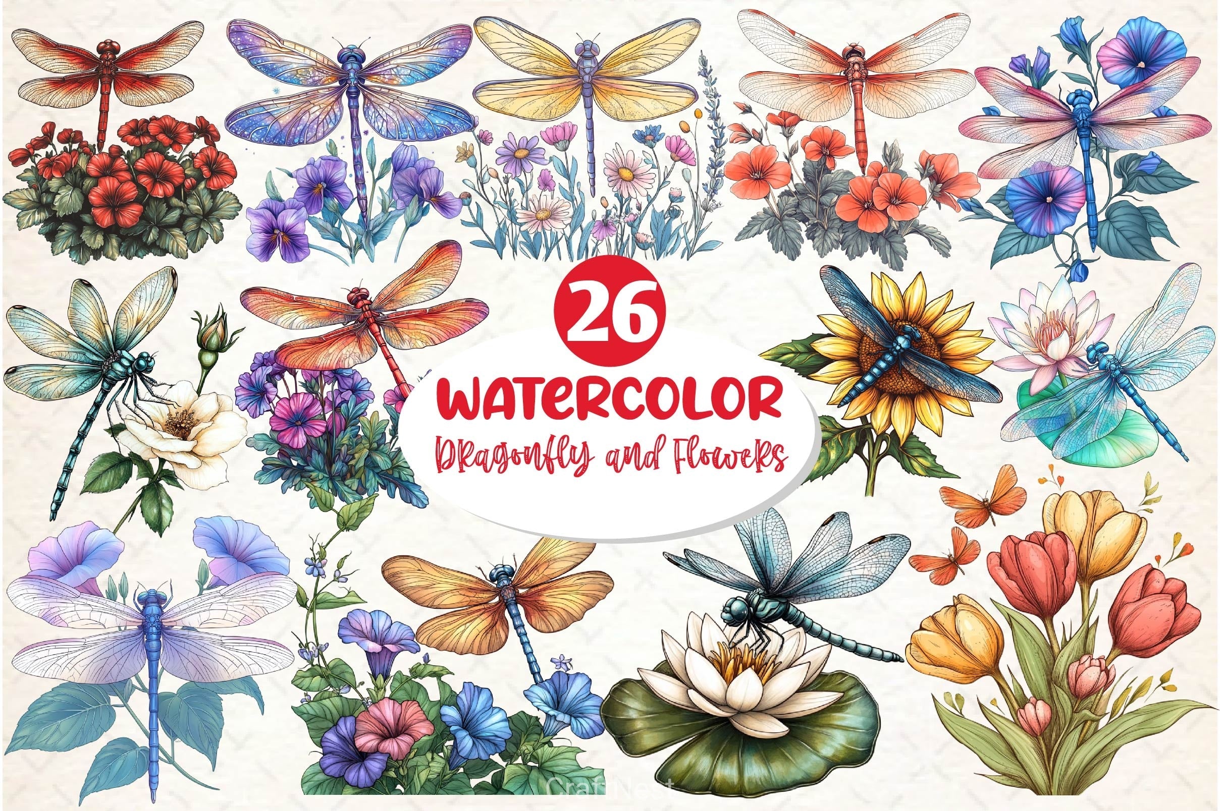 Dragonfly And Flowers Tattoo Clipart Bundle
