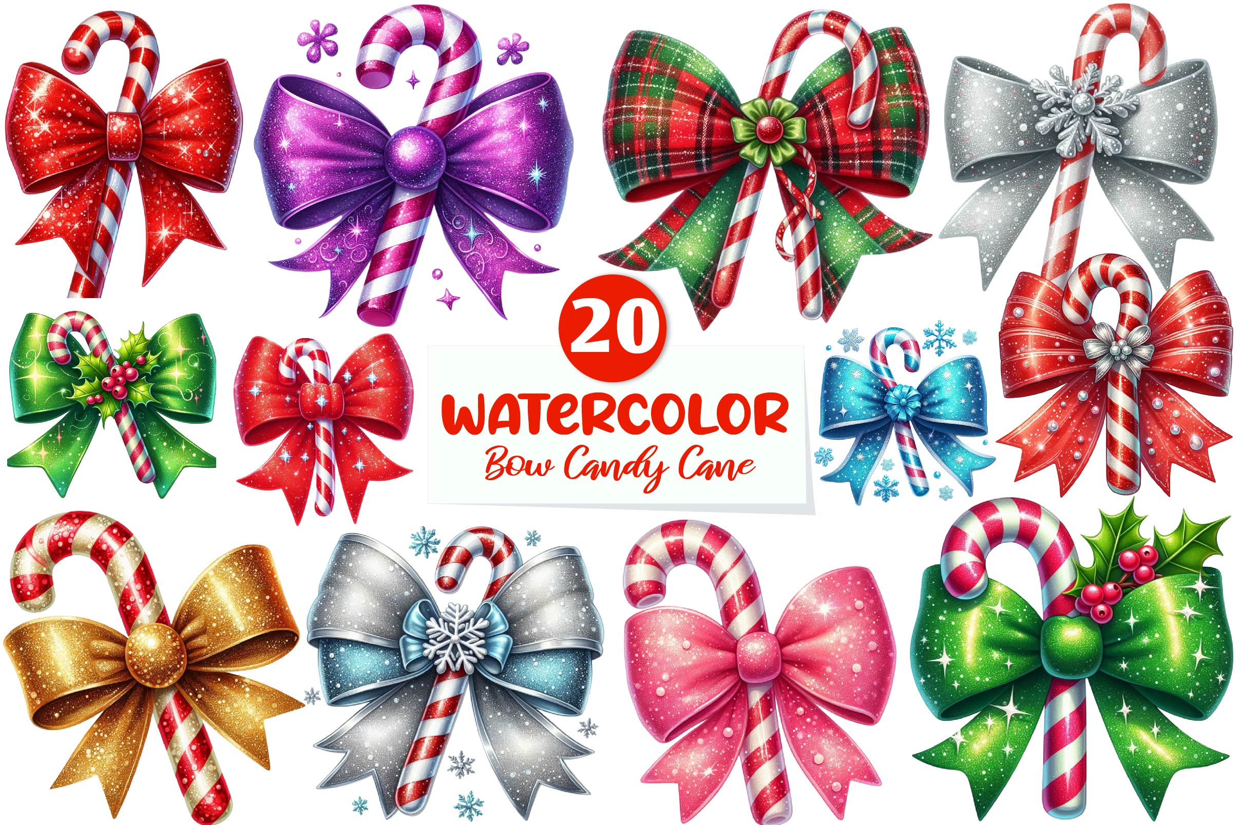 Glitter Christmas Bow Candy Cane Clipart Bundle