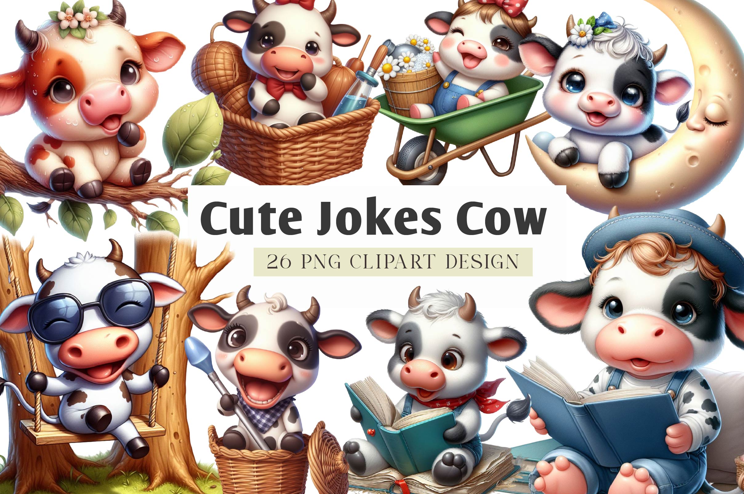 Cute Jokes Cow Clipart Bundle